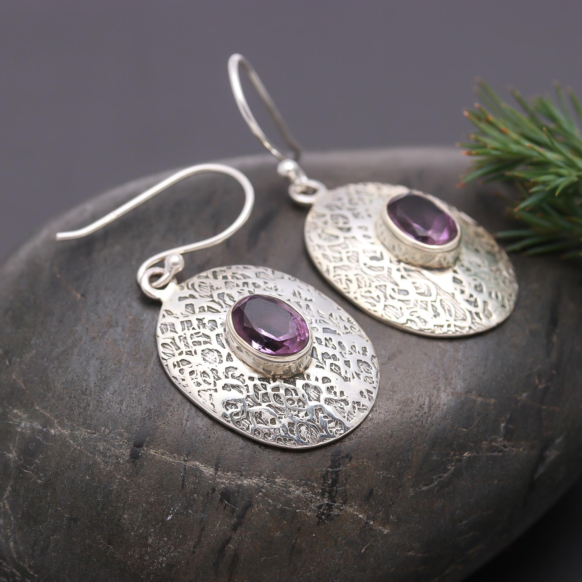925 Silver Textured Oval Amethyst Dangle Earrings