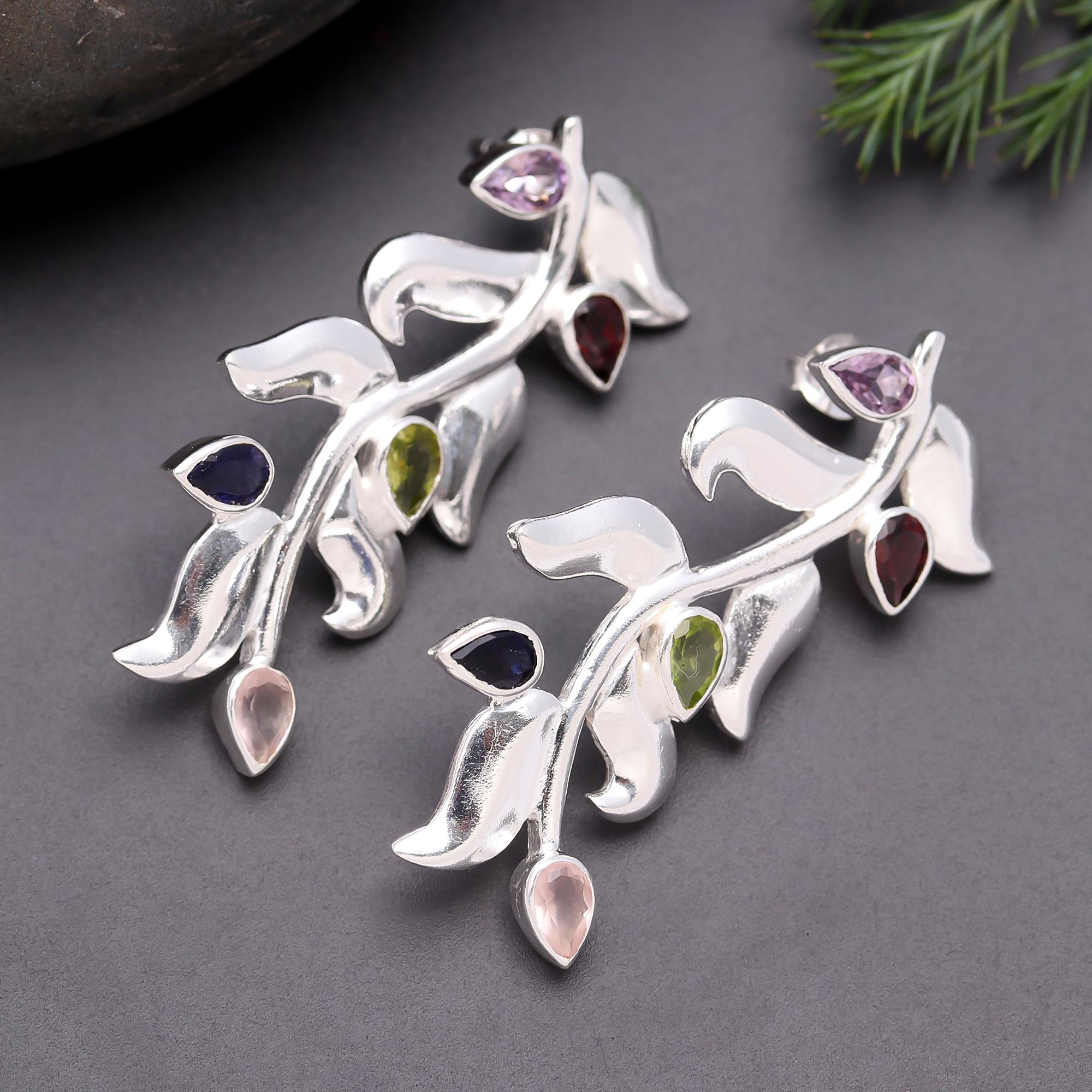 925 Silver Multi-Gemstone Leaf Drop Earrings