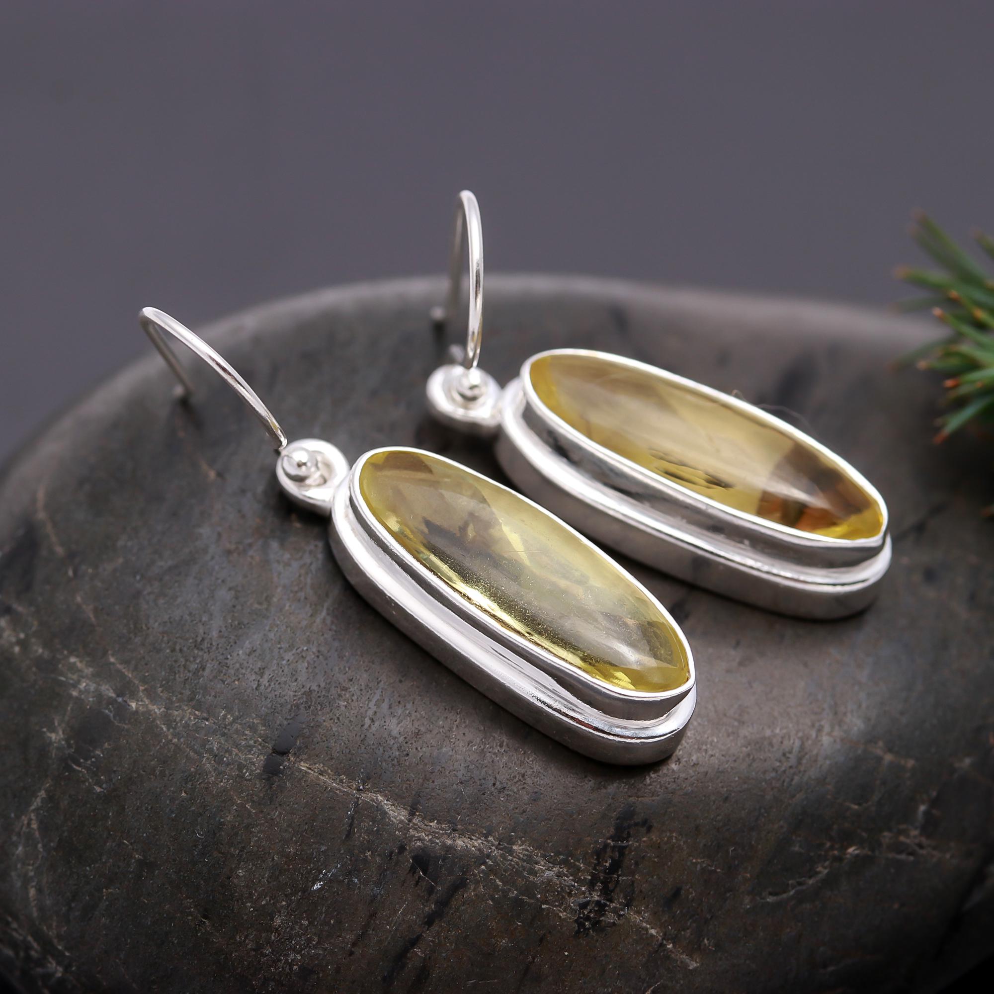 925 Silver Long Oval Lemon Quartz Dangle Earrings