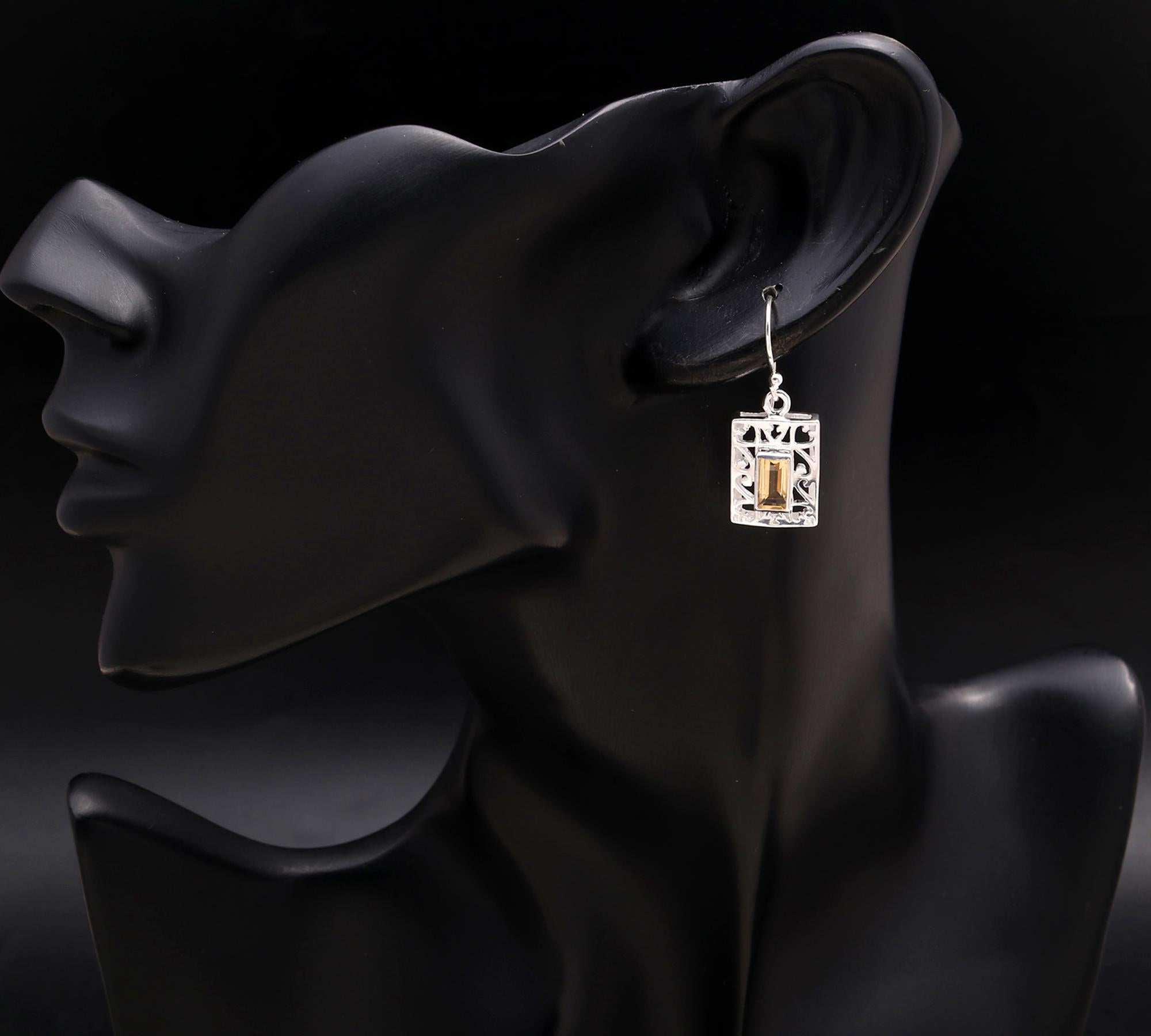925 Silver Citrine Filigree Dangle Earrings