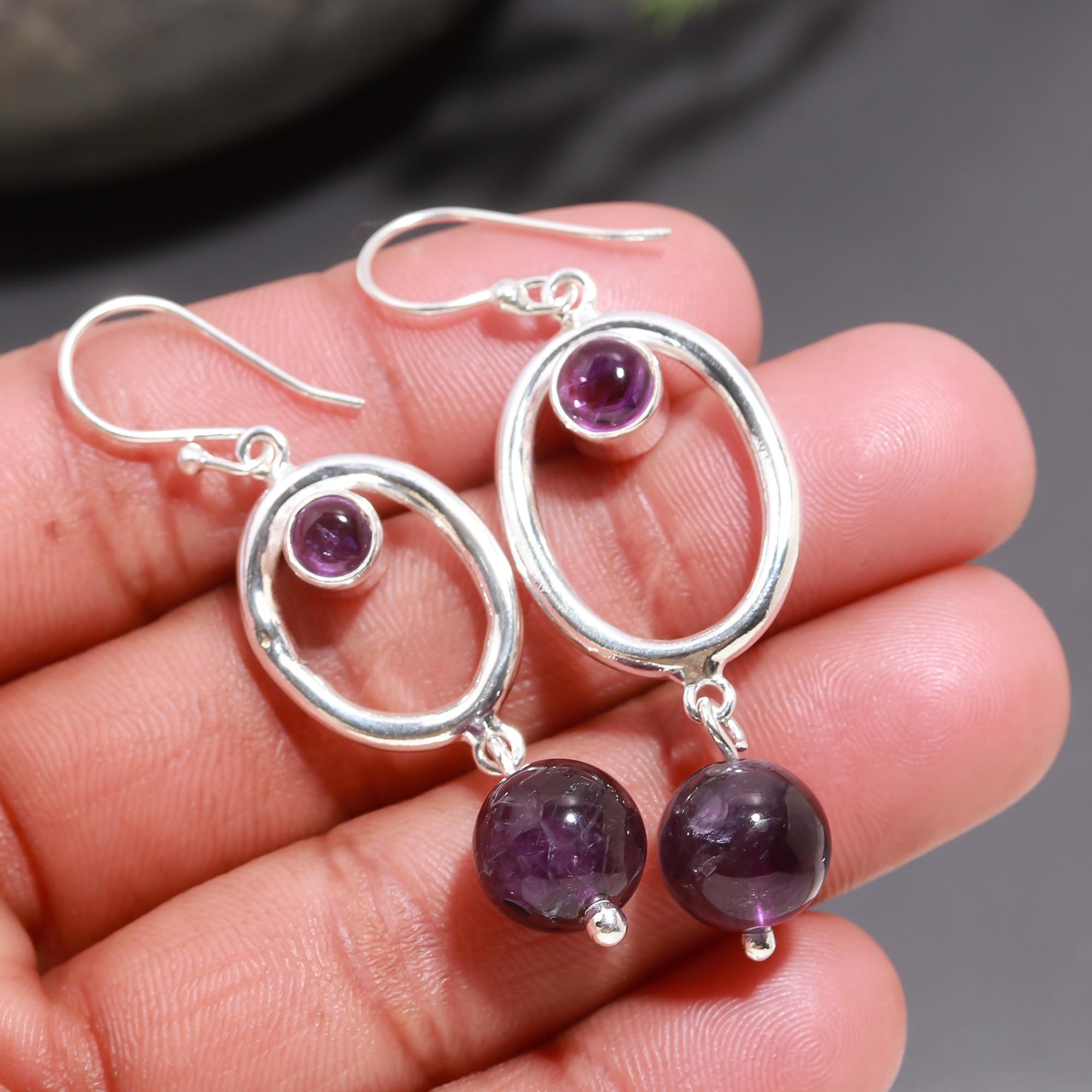 925 Silver Amethyst Beads Oval Hoop Dangle Earrings