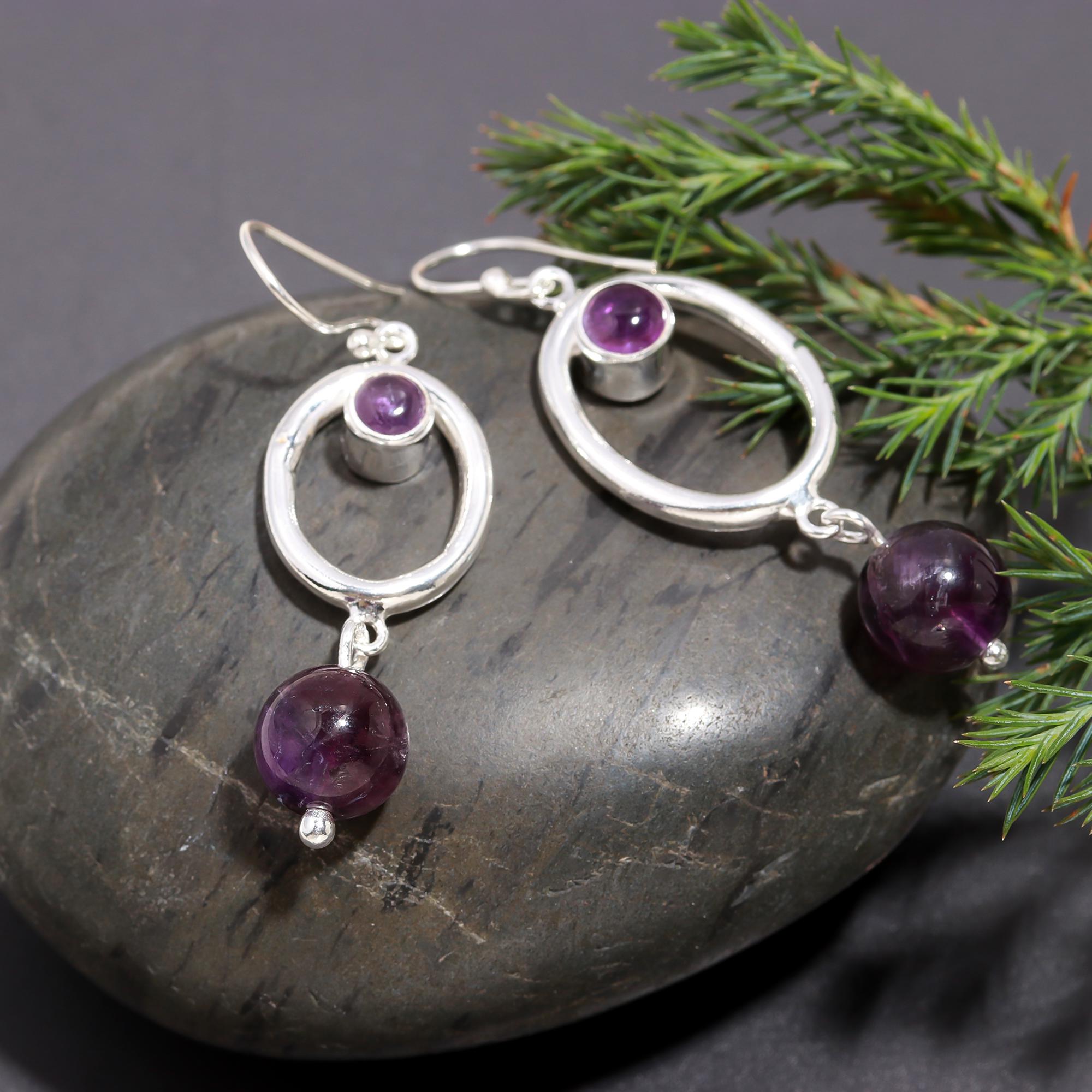 925 Silver Amethyst Beads Oval Hoop Dangle Earrings