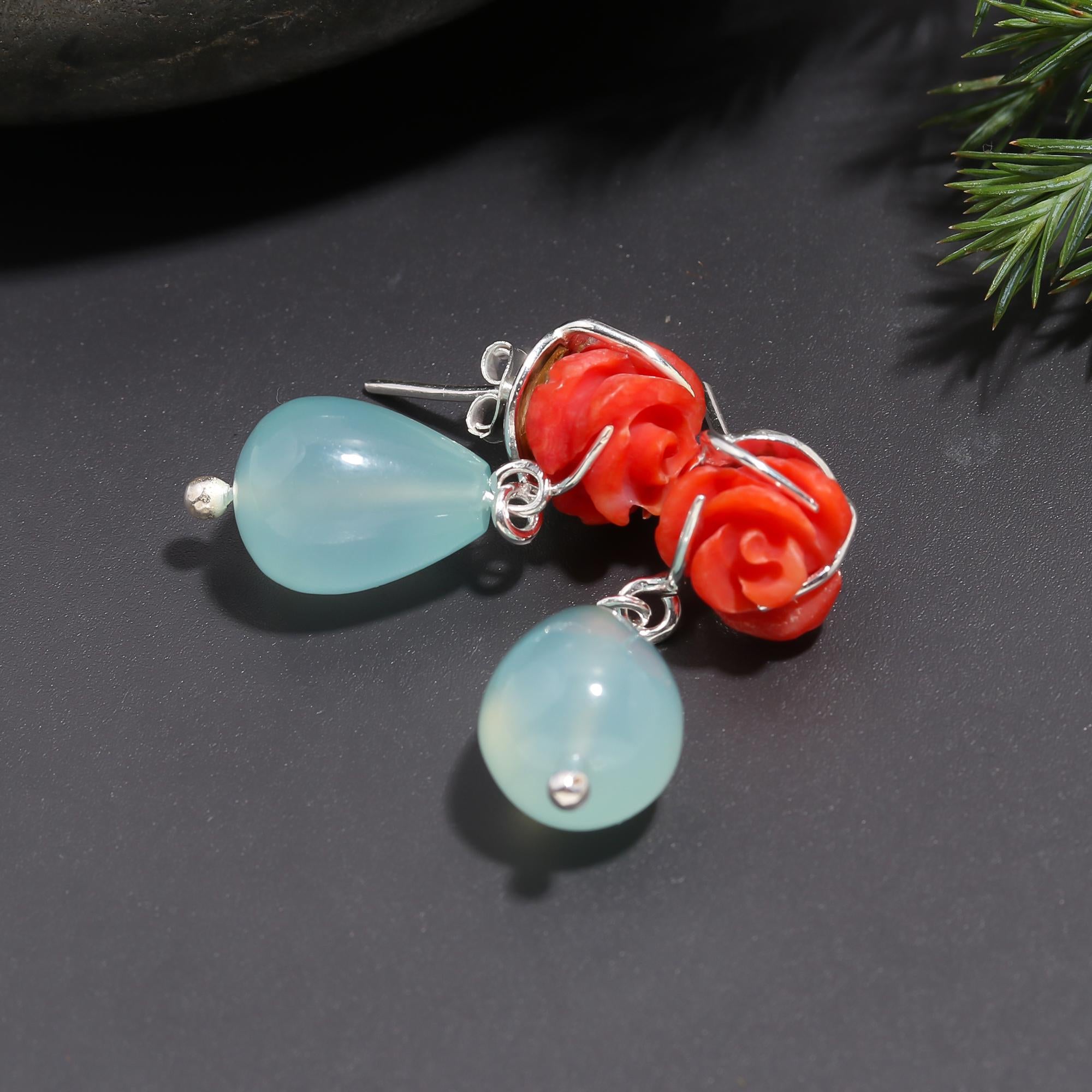 925 Silver Rose Coral & Aqua Chalcedony Drop Earrings
