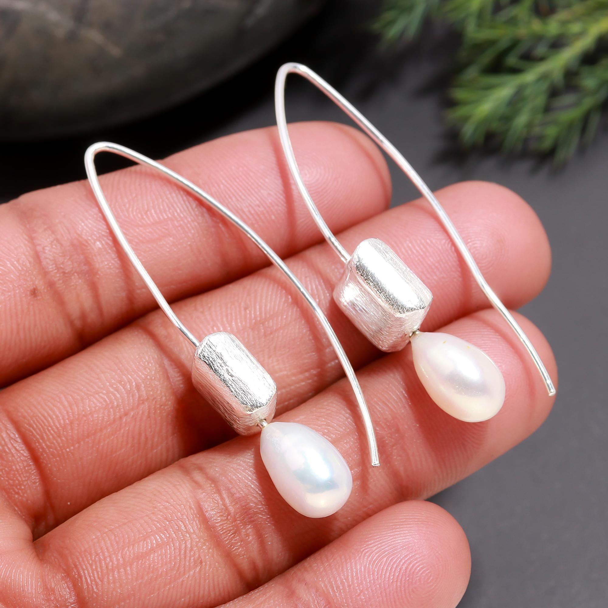 925 Silver Freshwater Pearls Long Wire Drop Earrings
