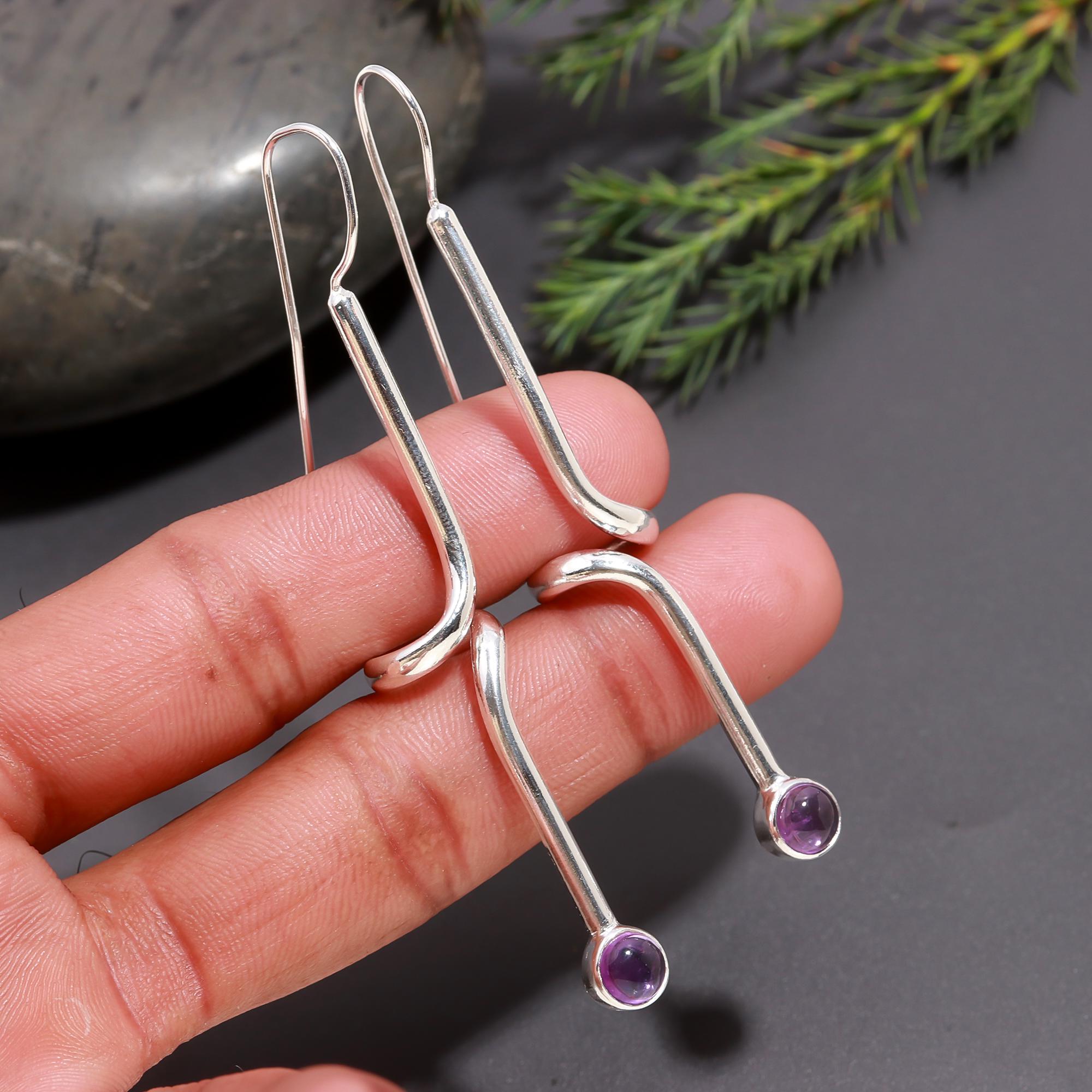 925 Silver Long Drop Amethyst Dangle Earrings