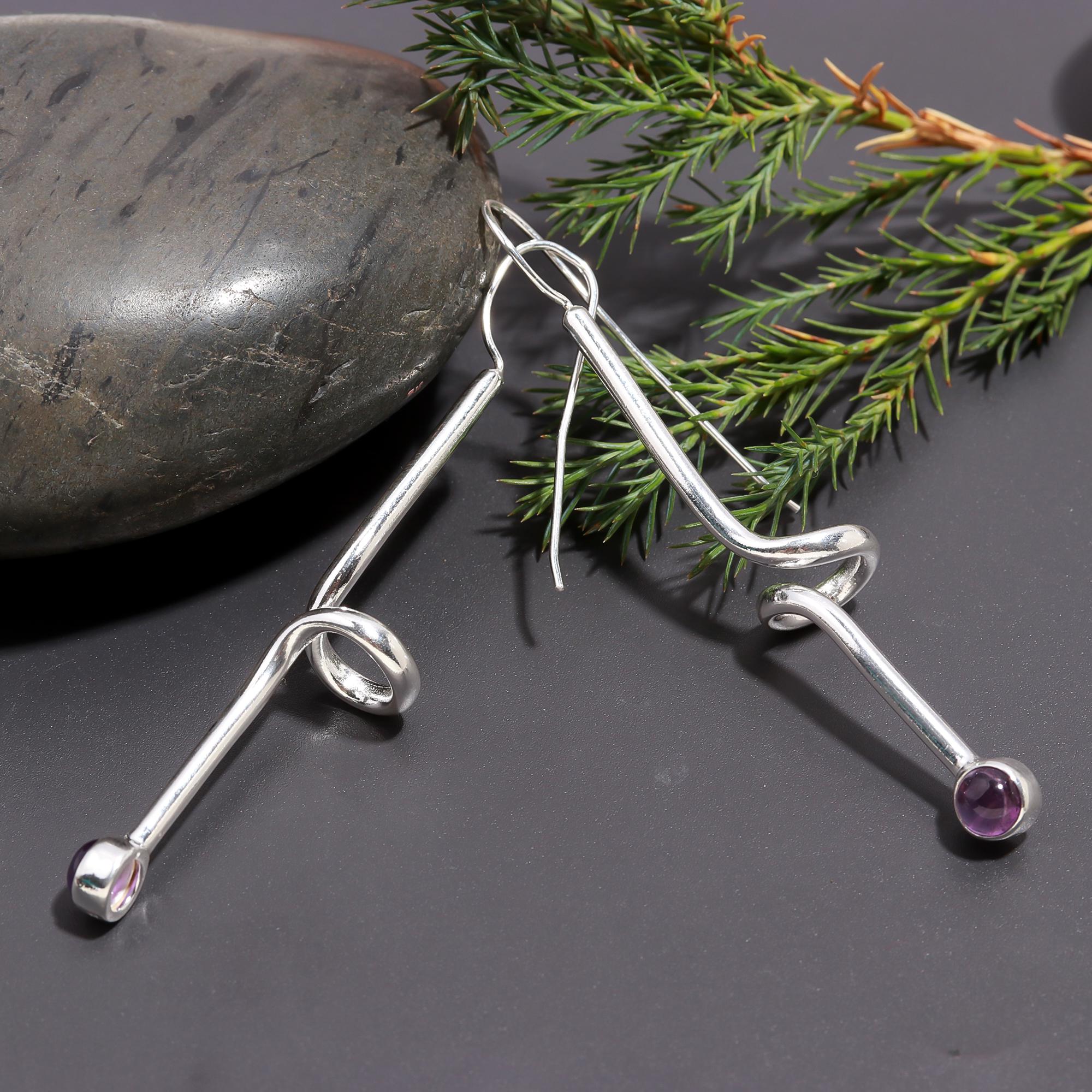 925 Silver Long Drop Amethyst Dangle Earrings