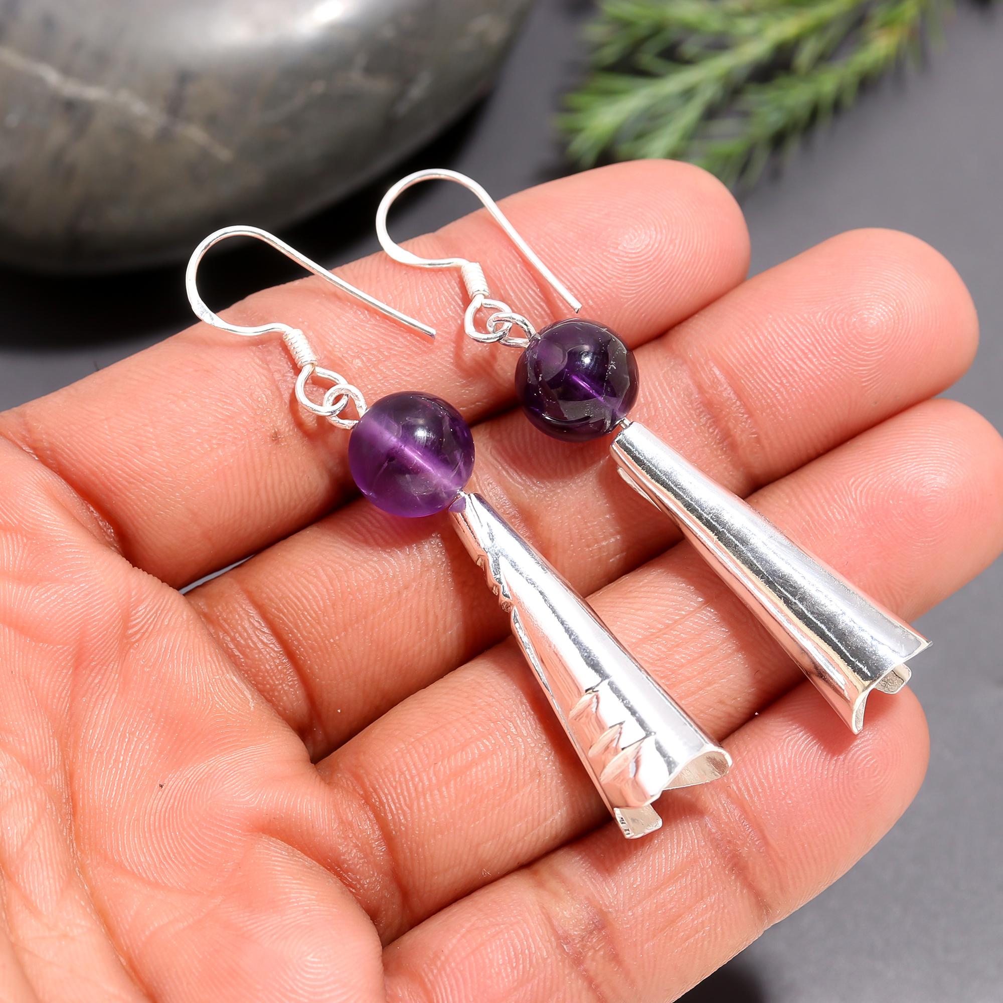 925 Silver Amethyst Bead Cone Dangle Earrings