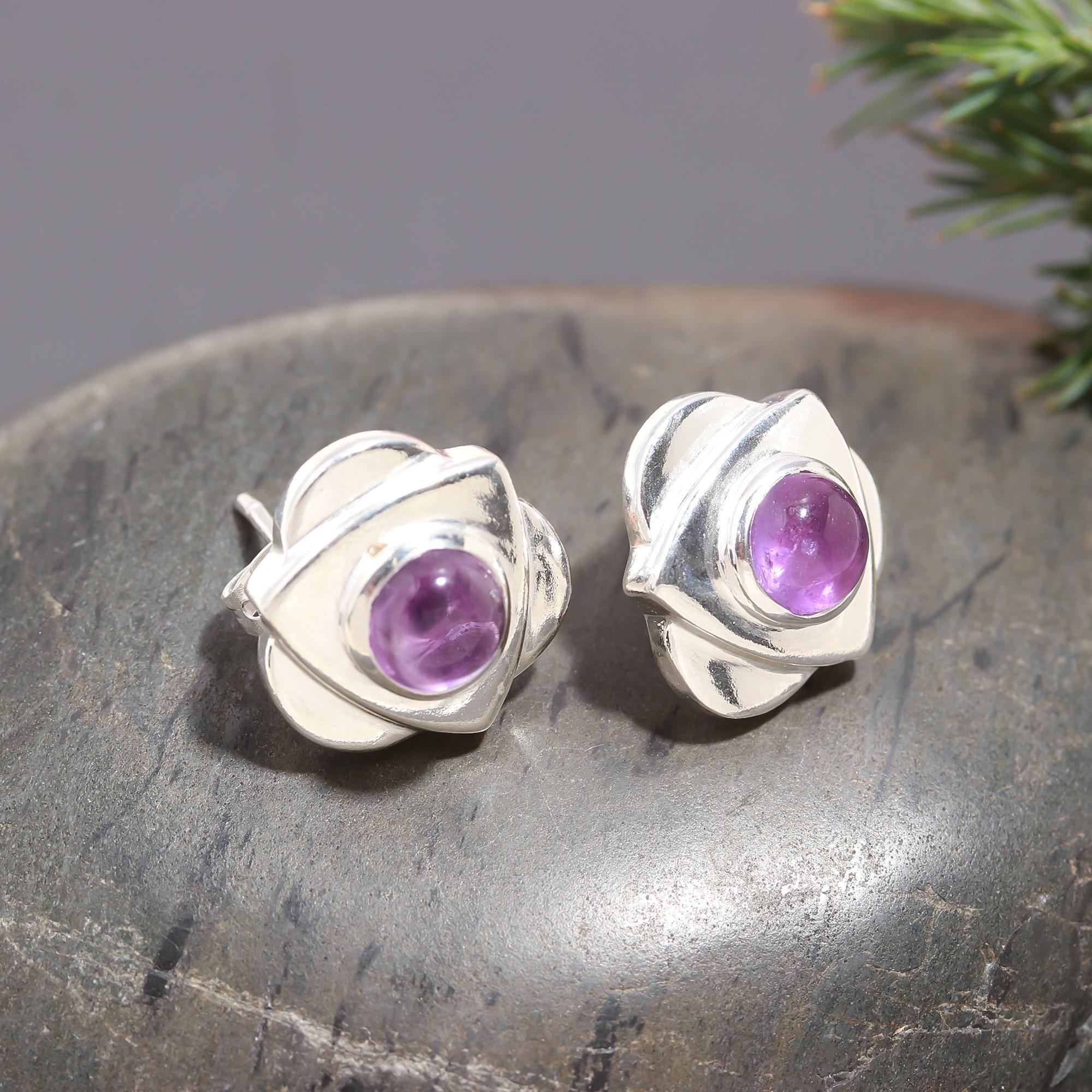 925 Silver Round Amethyst Floral Stud Earrings