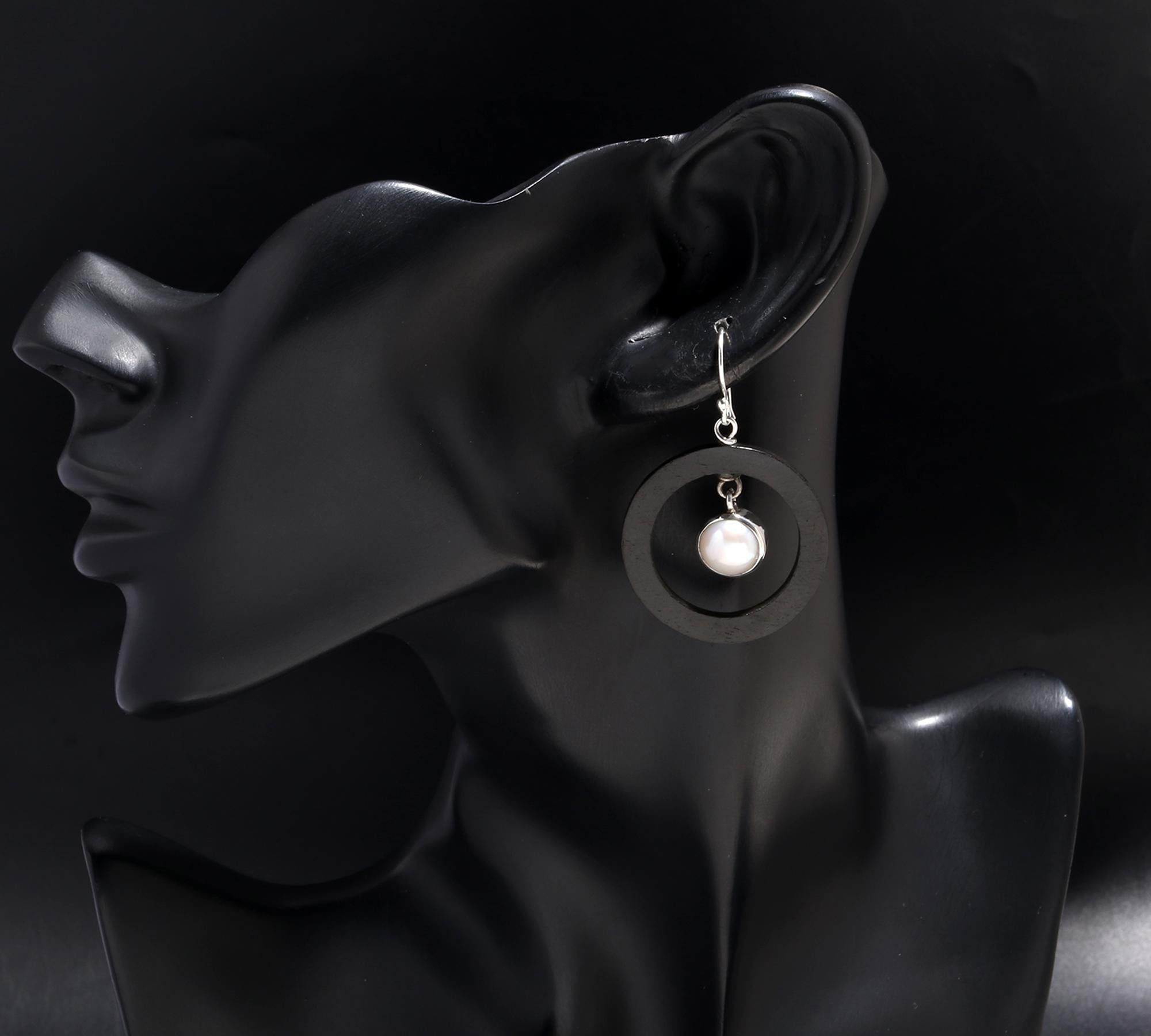 925 Silver Round Wood Hoop Pearl Dangle Earrings