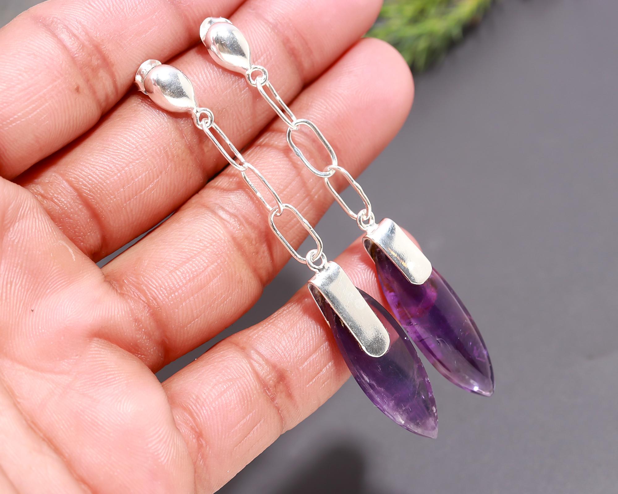 925 Silver Long Chain Amethyst Drop Earrings