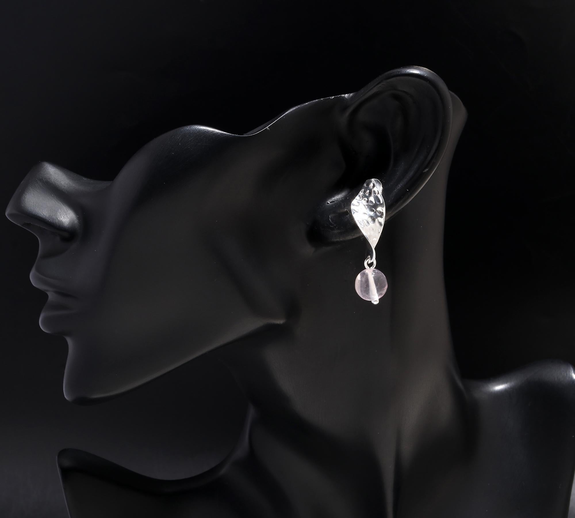 925 Silver Hammered Leaf Rose Quartz Drop Earrings