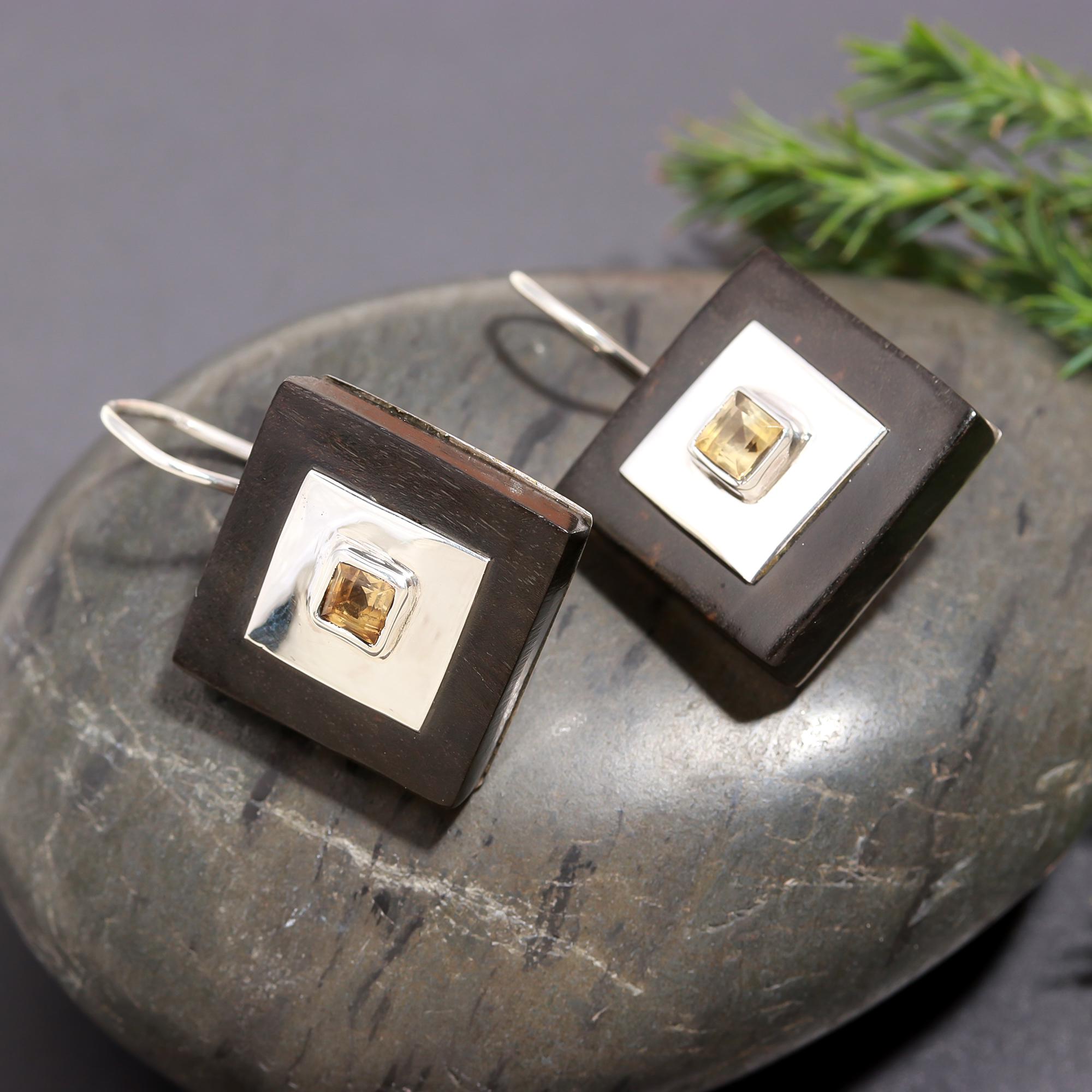 925 Silver Square Citrine Wood Dangle Earrings