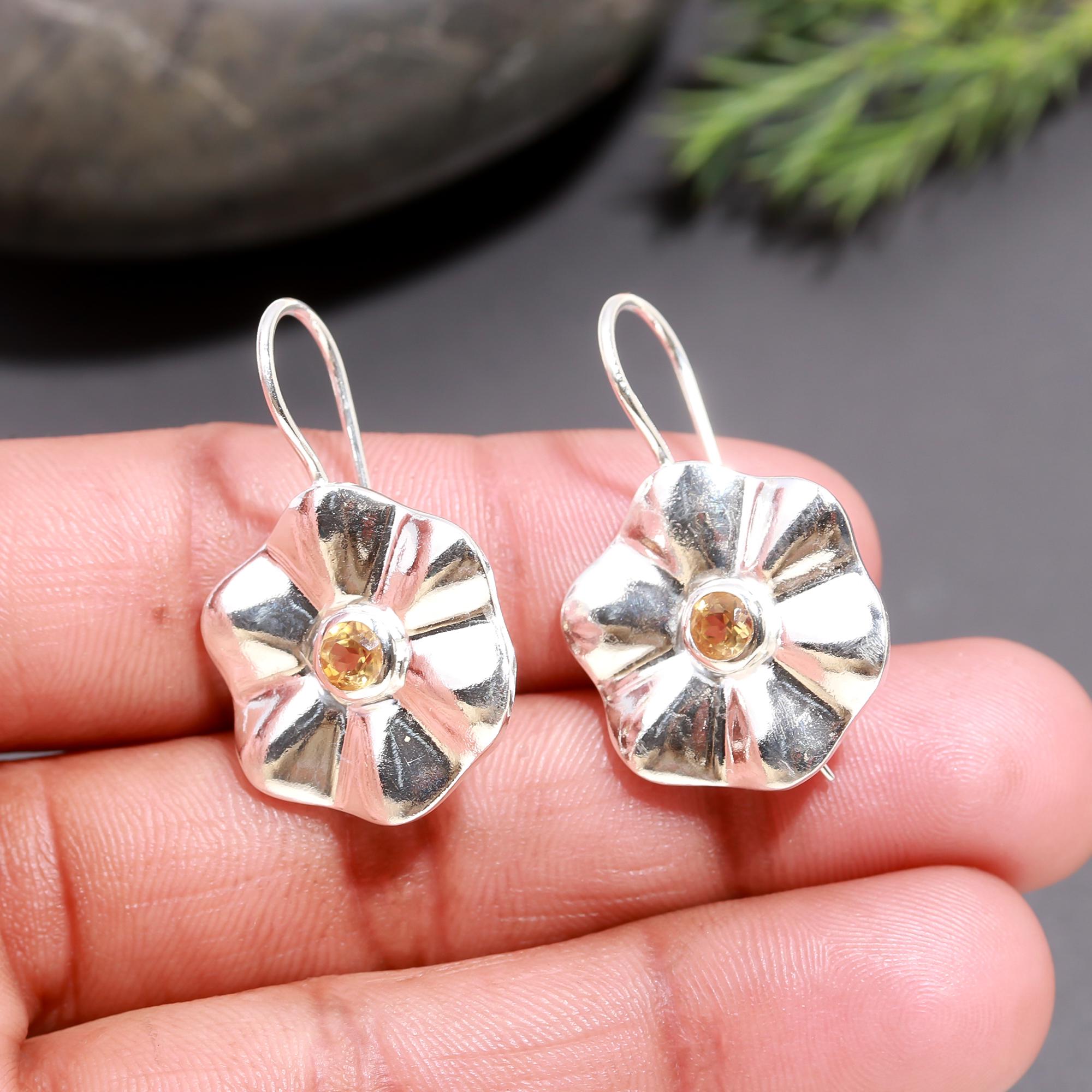 925 Silver Floral Citrine Dangle Earrings