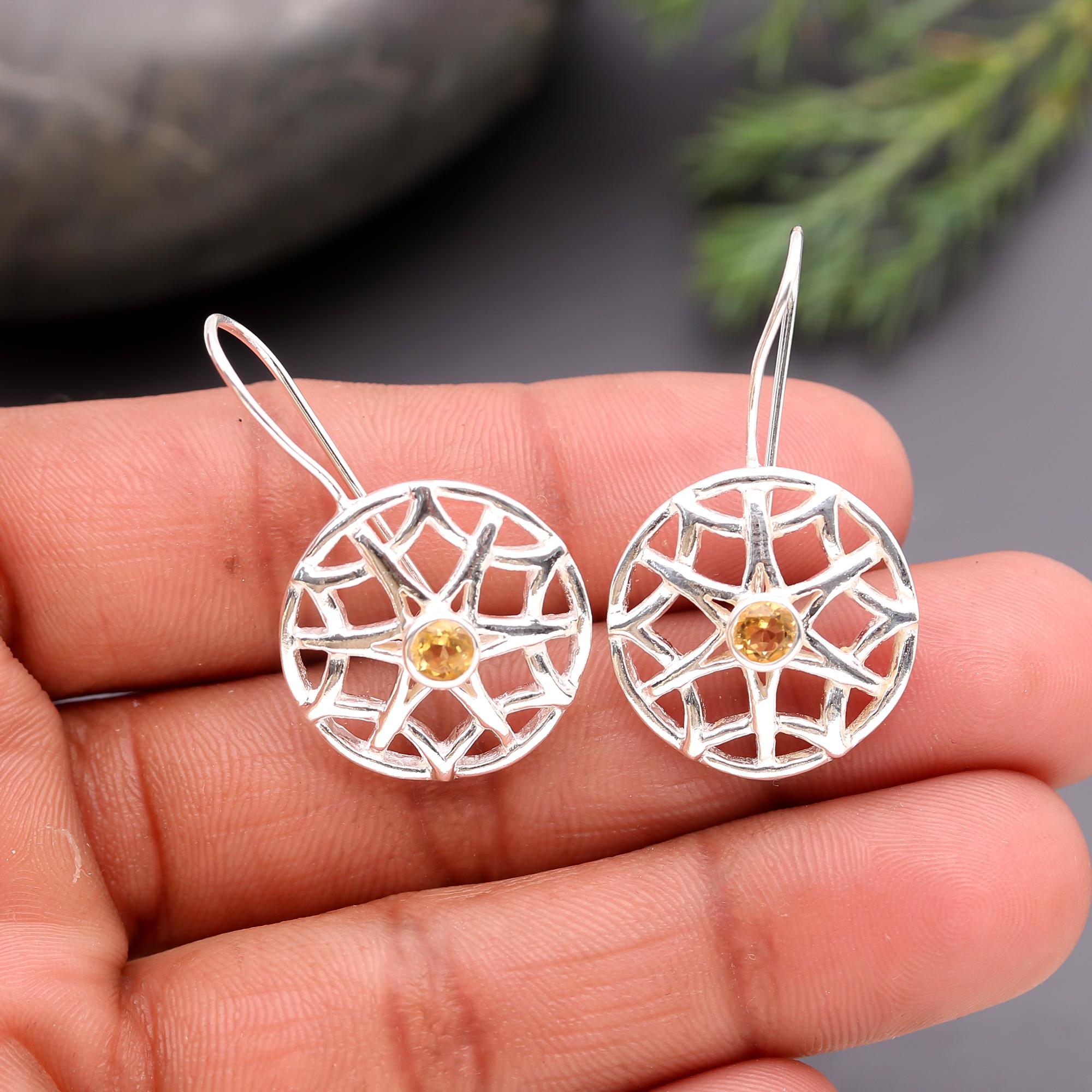 925 Silver Round Web Design Citrine Dangle Earrings