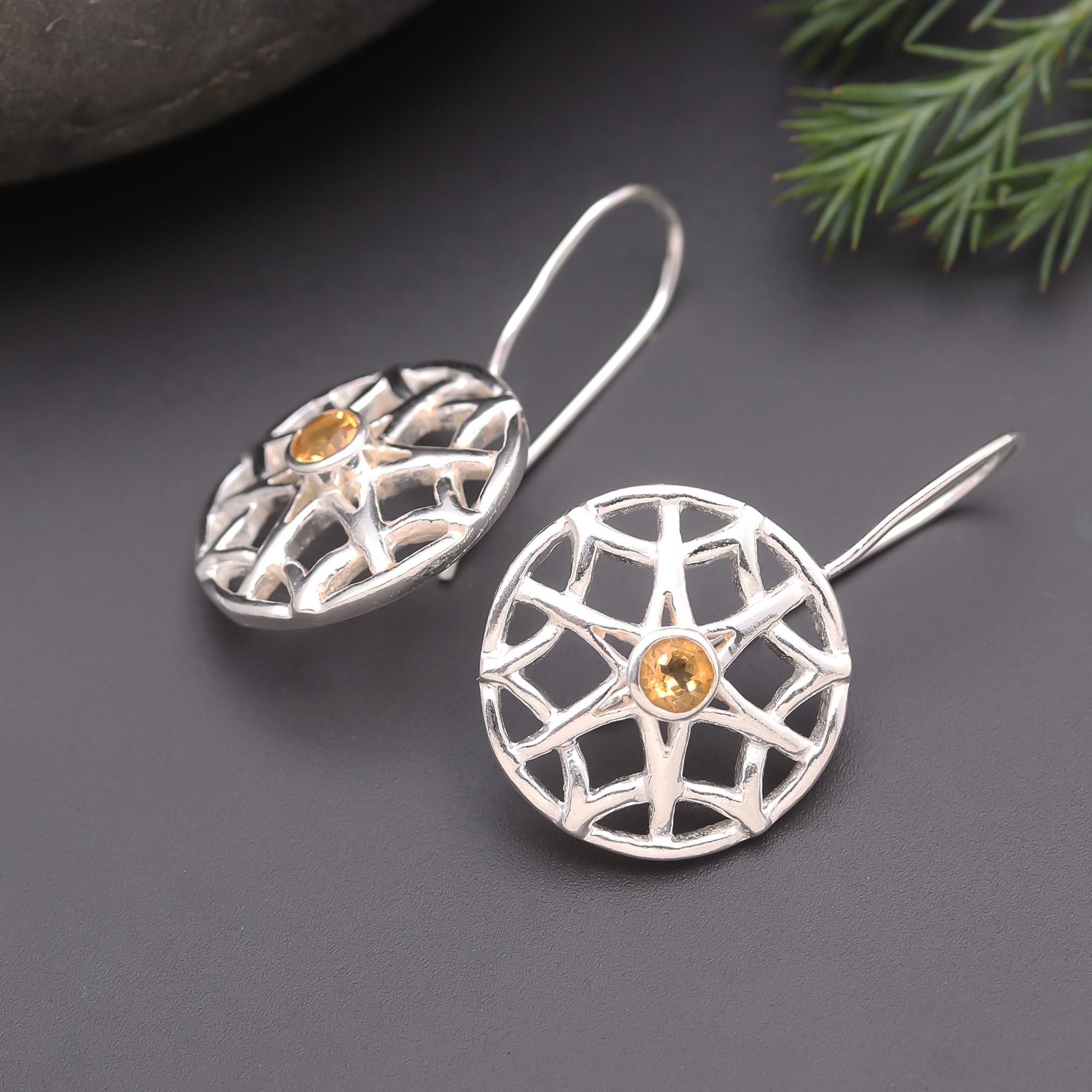 925 Silver Round Web Design Citrine Dangle Earrings