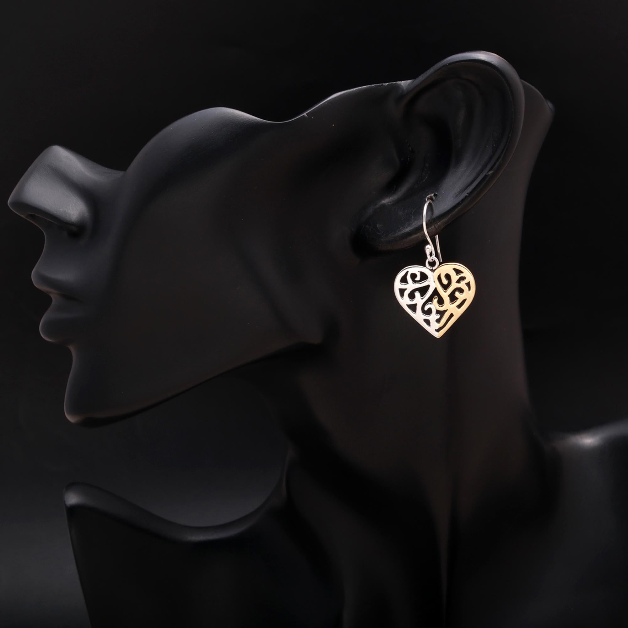 925 Silver Two-Tone Heart Filigree Dangle Earrings