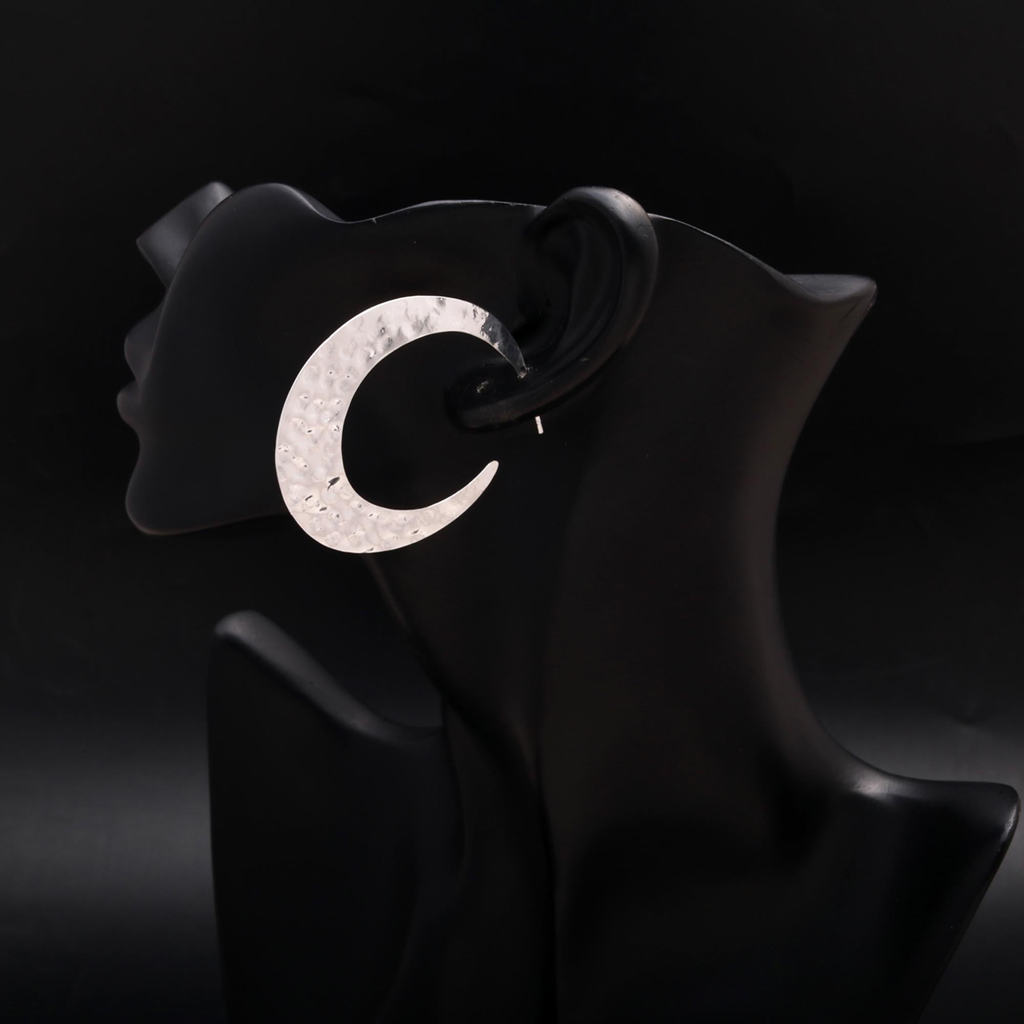 925 Silver Large Hammered Crescent Hoop Earrings