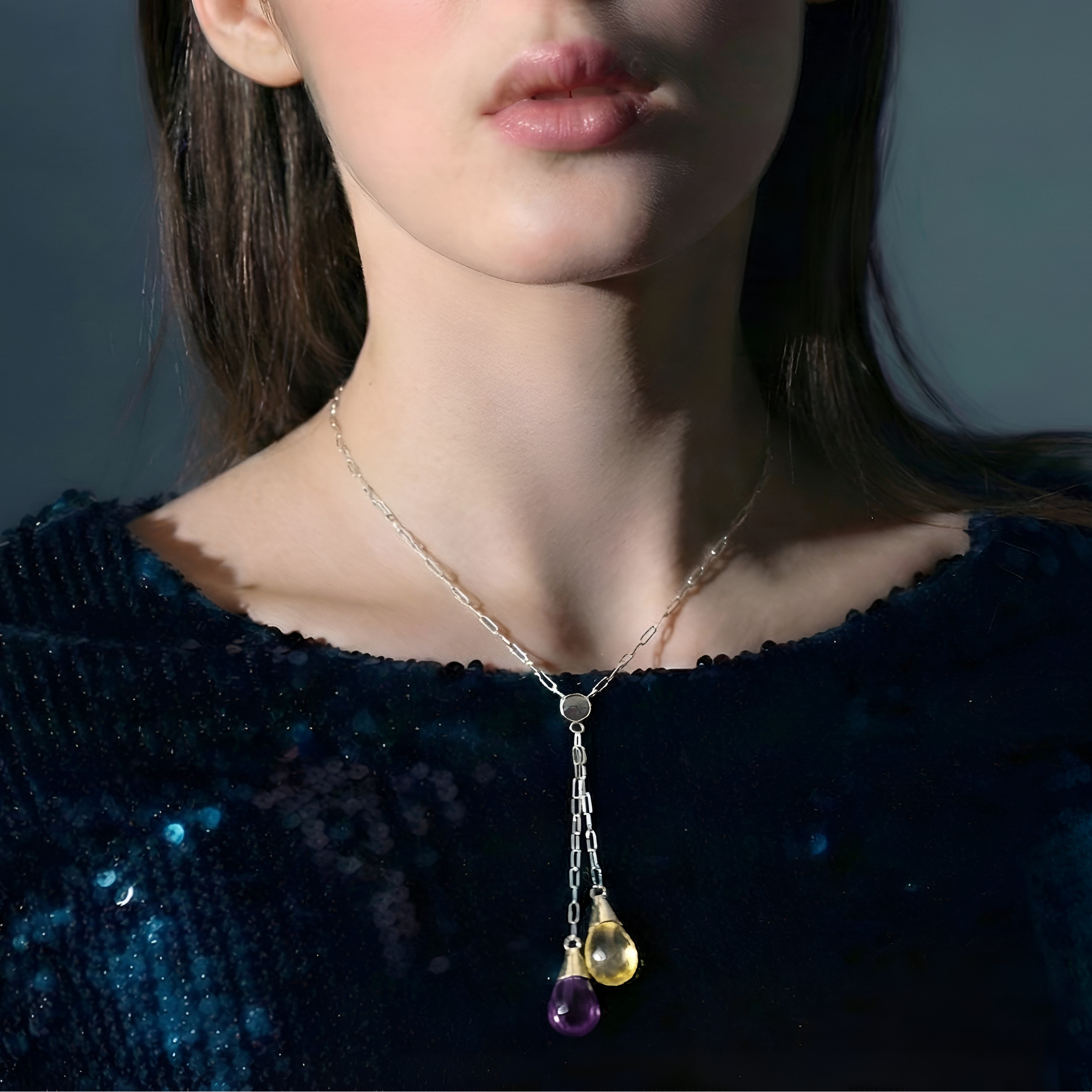 The Twilight Harmony: Amethyst & Citrine Adjustable Lariat Necklace