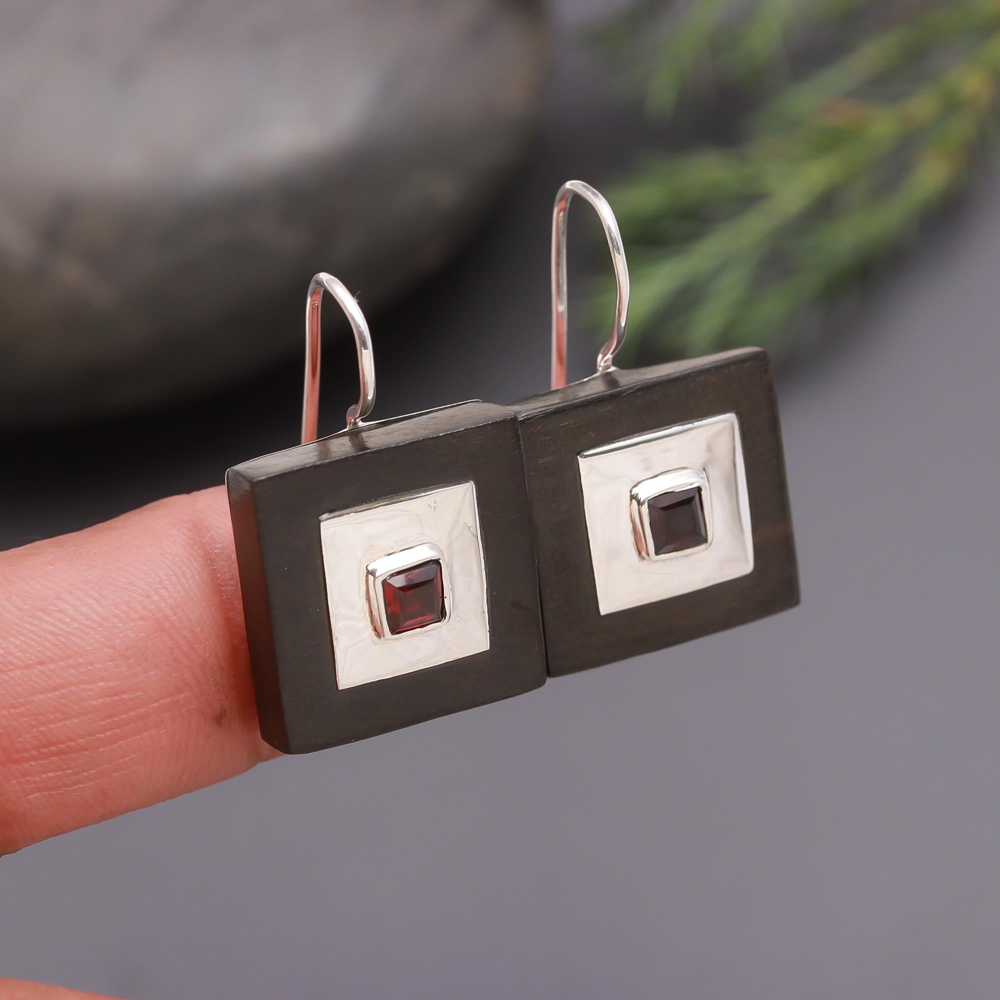 925 Silver Square Garnet & Wood Inlay Dangle Earrings