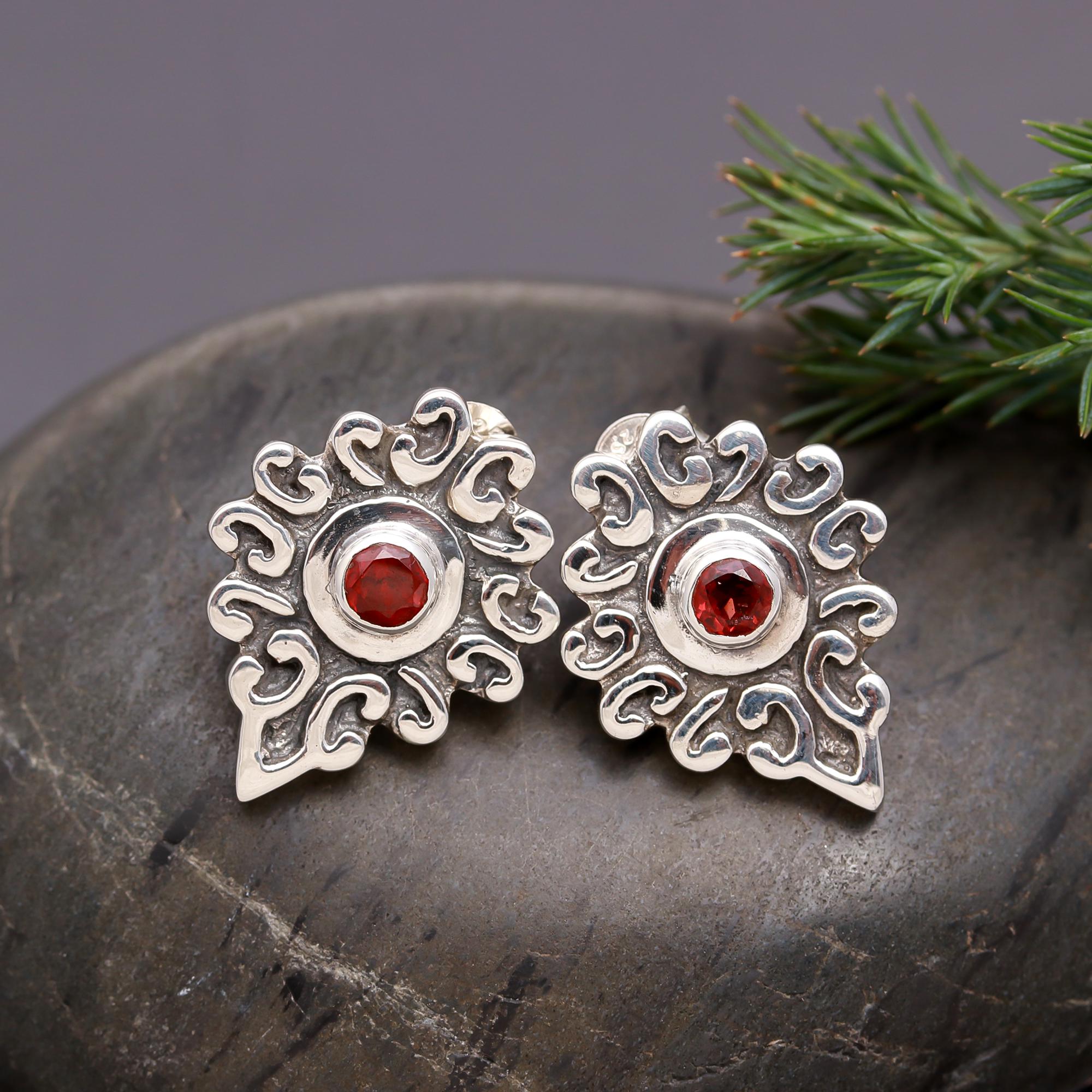 925 Silver Ornate Garnet Stud Earrings