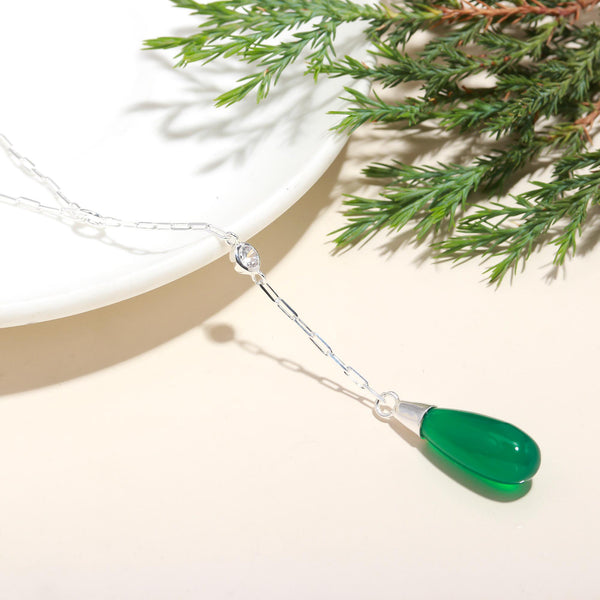 The Verdant Drop Green Onyx Silver Y Necklace