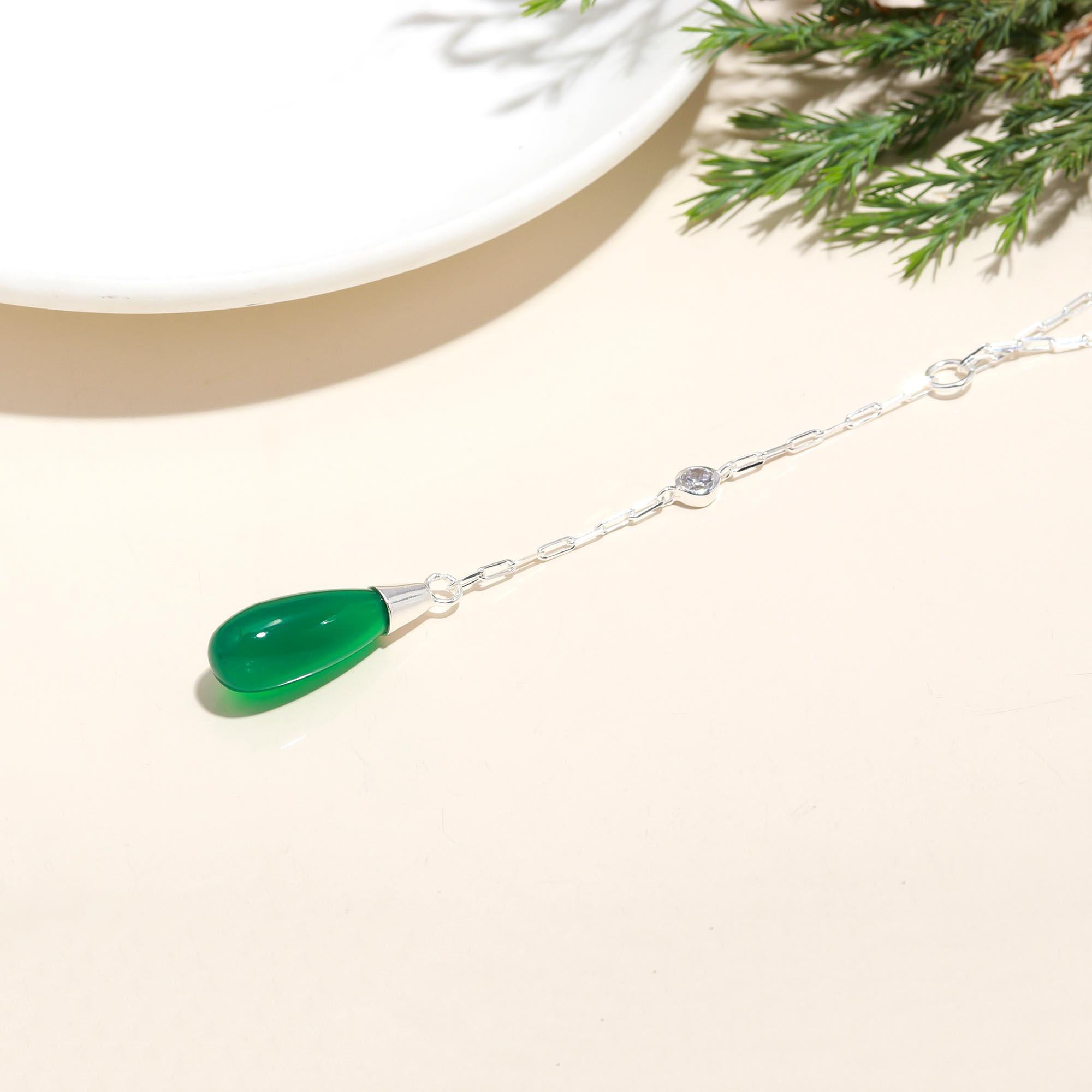 The Verdant Drop: Green Onyx & Silver Y-Necklace