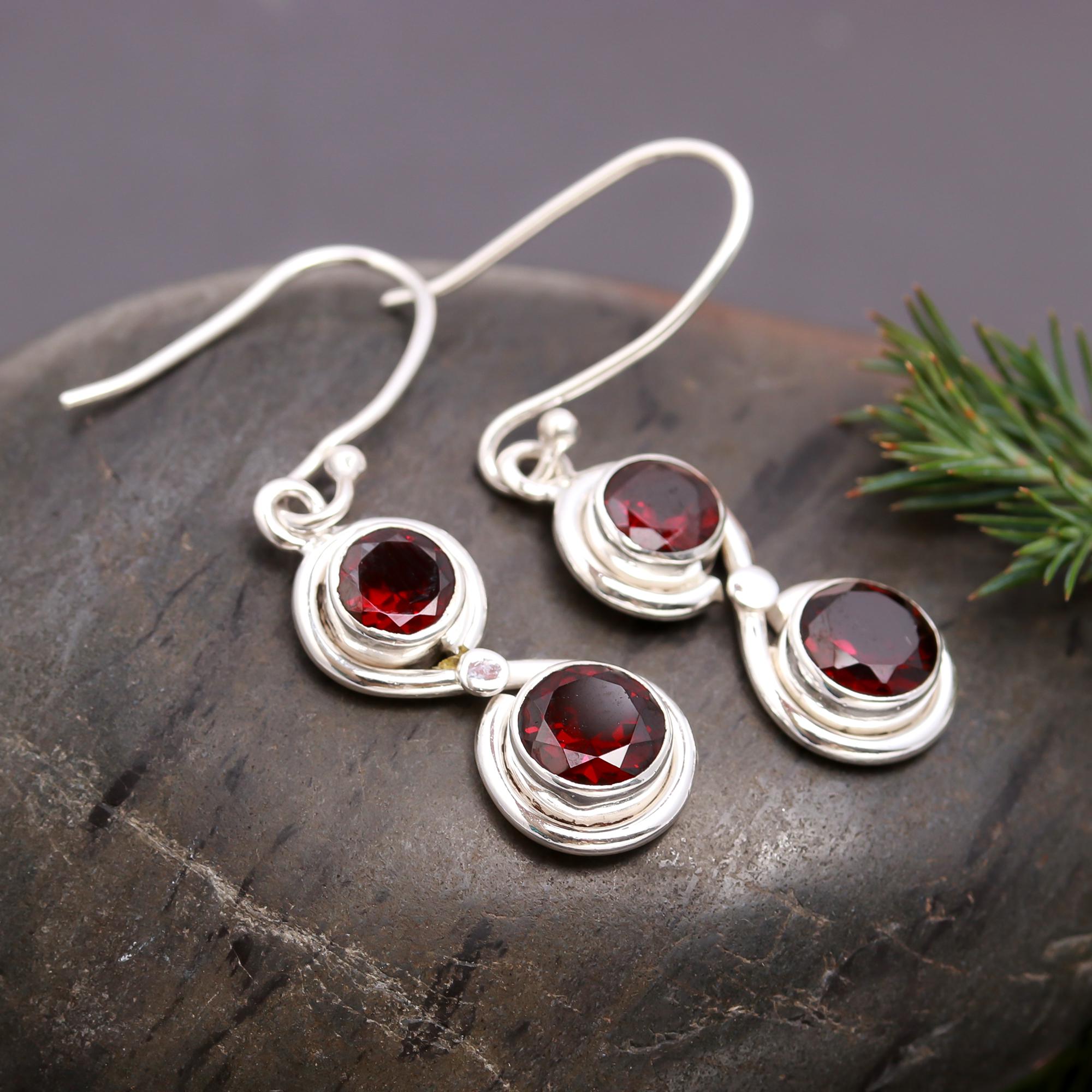 925 Silver Double Garnet Dangle Earrings