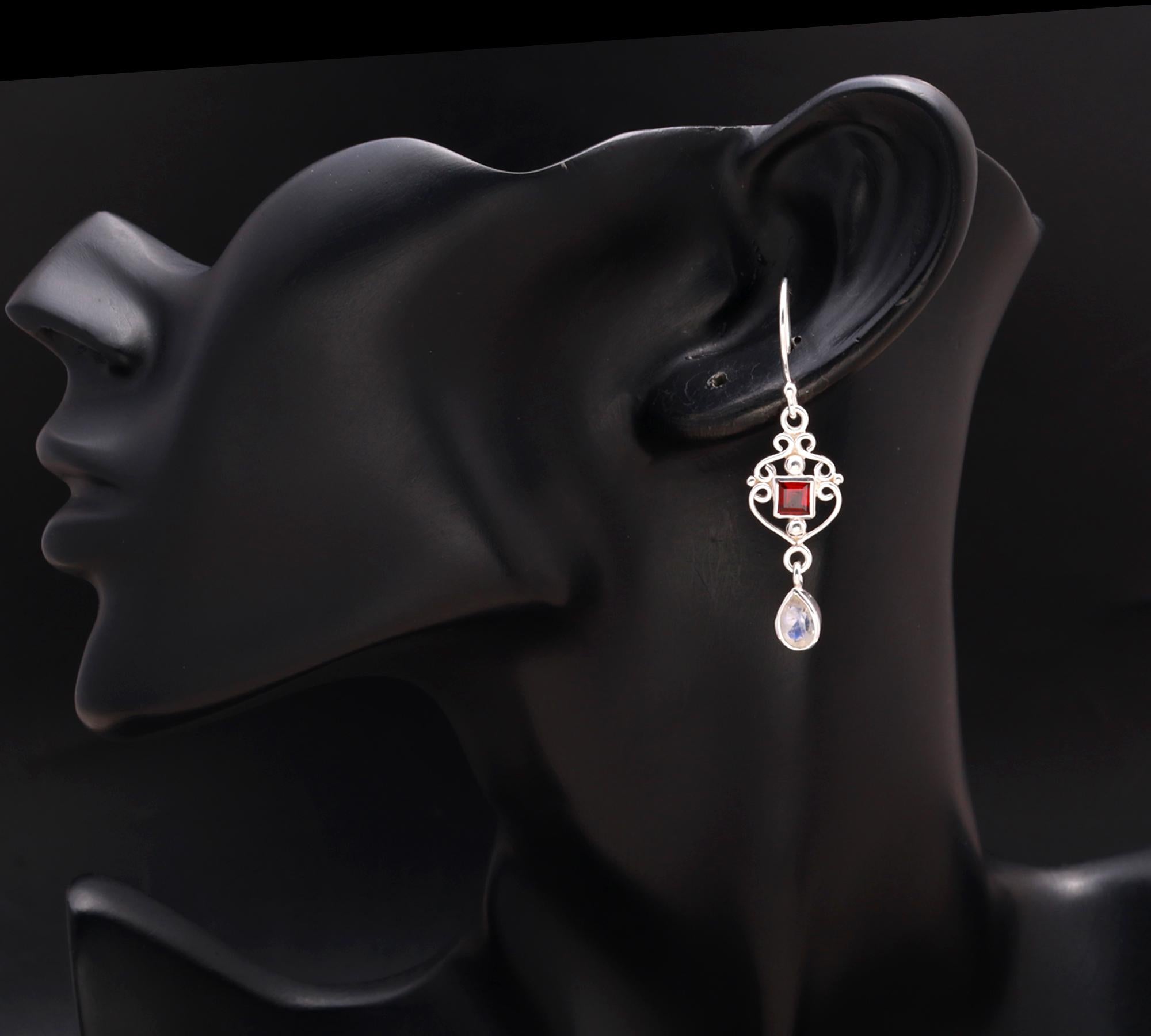 925 Silver Garnet and Moonstone Dangle Earrings