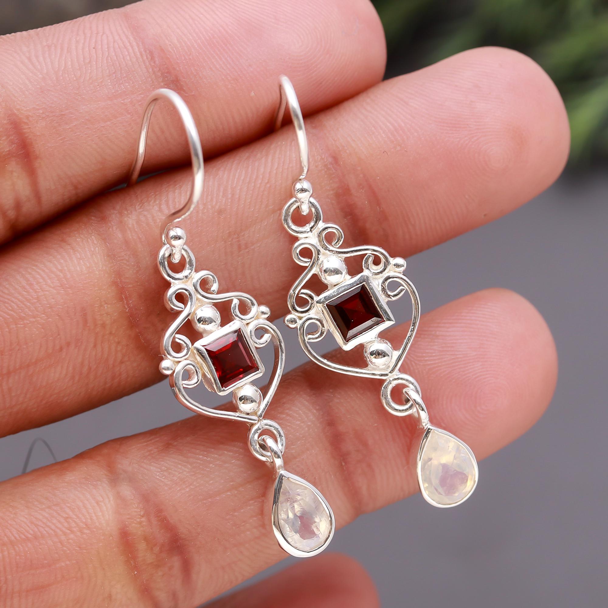 925 Silver Garnet and Moonstone Dangle Earrings