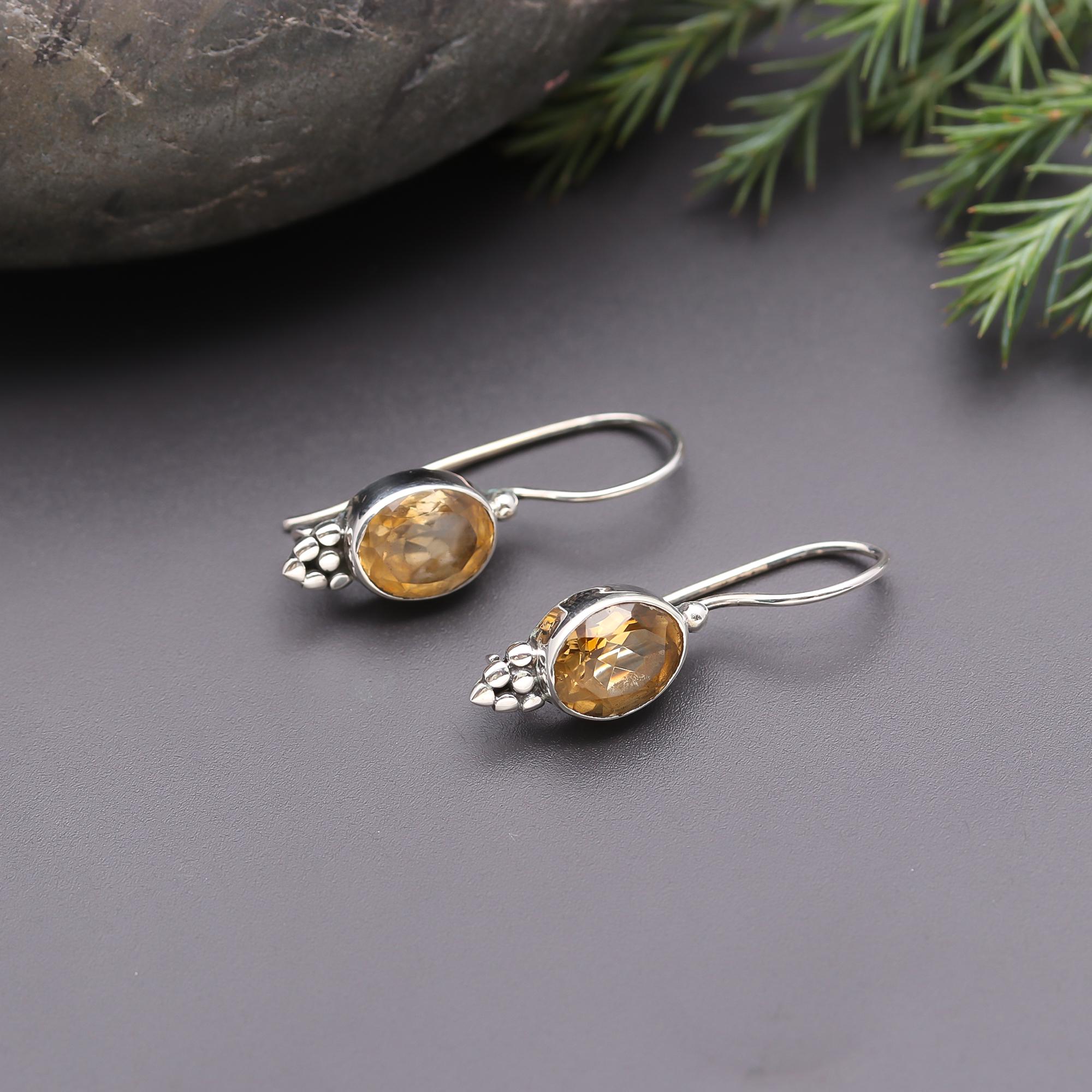 925 Silver Oval Citrine Dangle Earrings