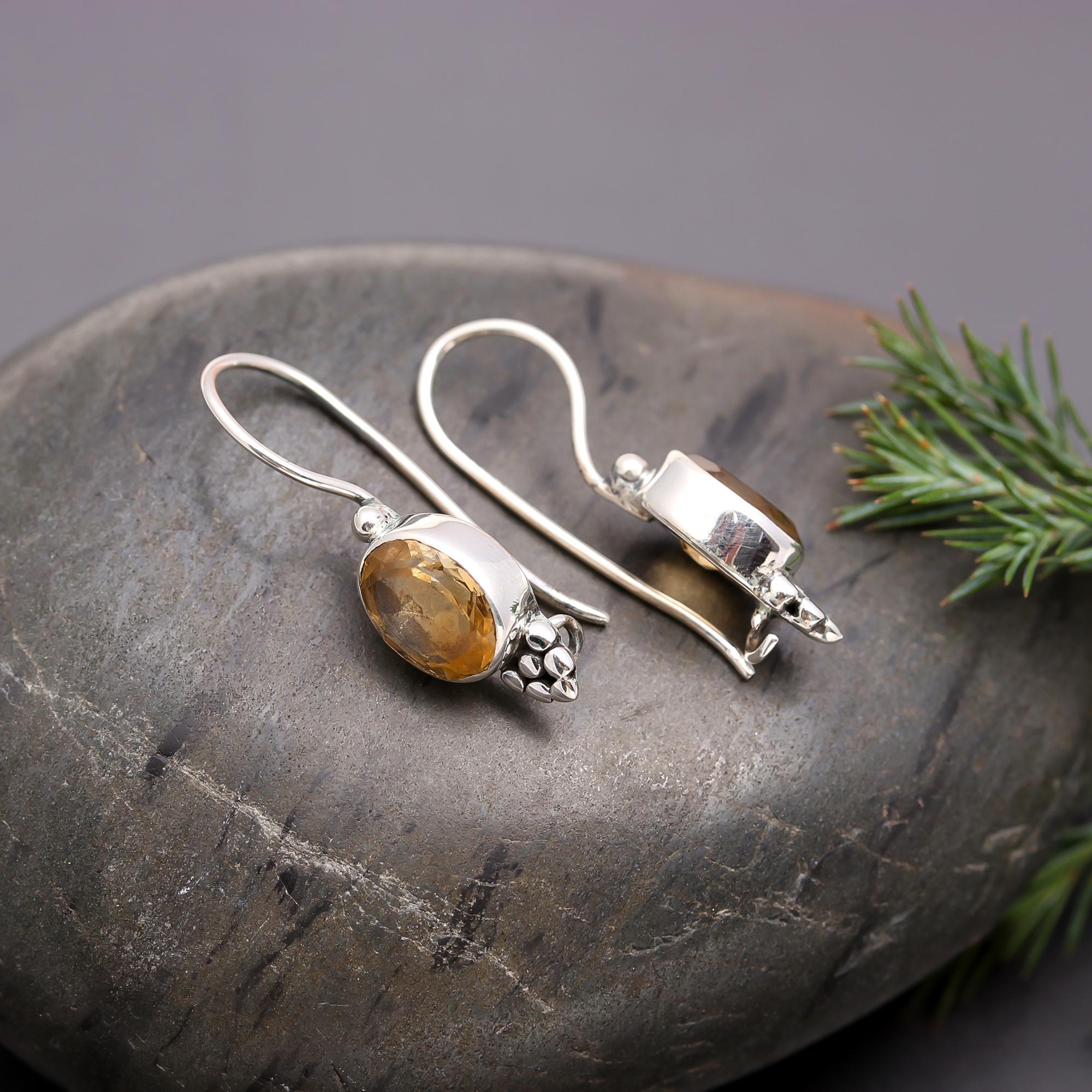 925 Silver Oval Citrine Dangle Earrings