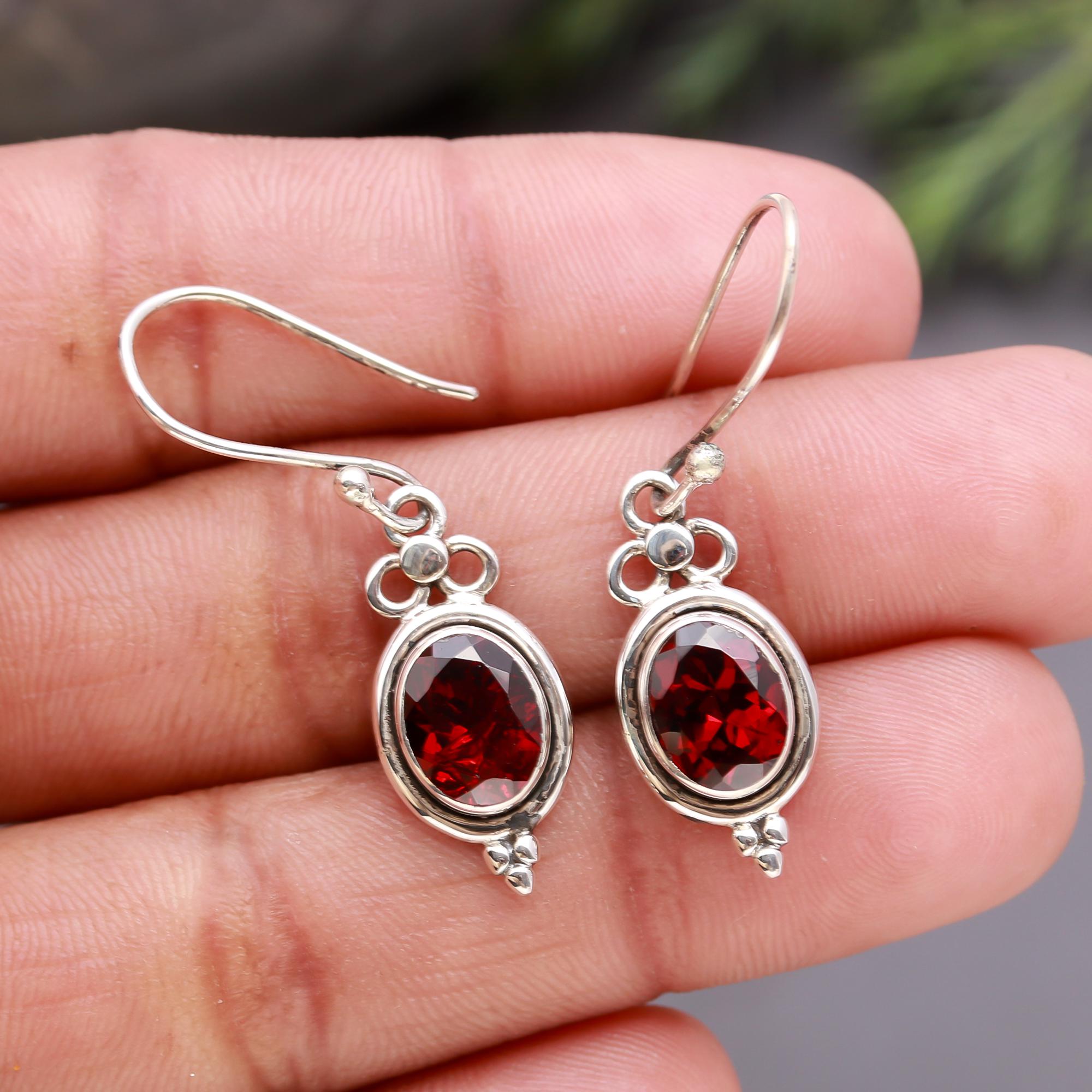 925 Silver Oval Garnet Dangle Earrings