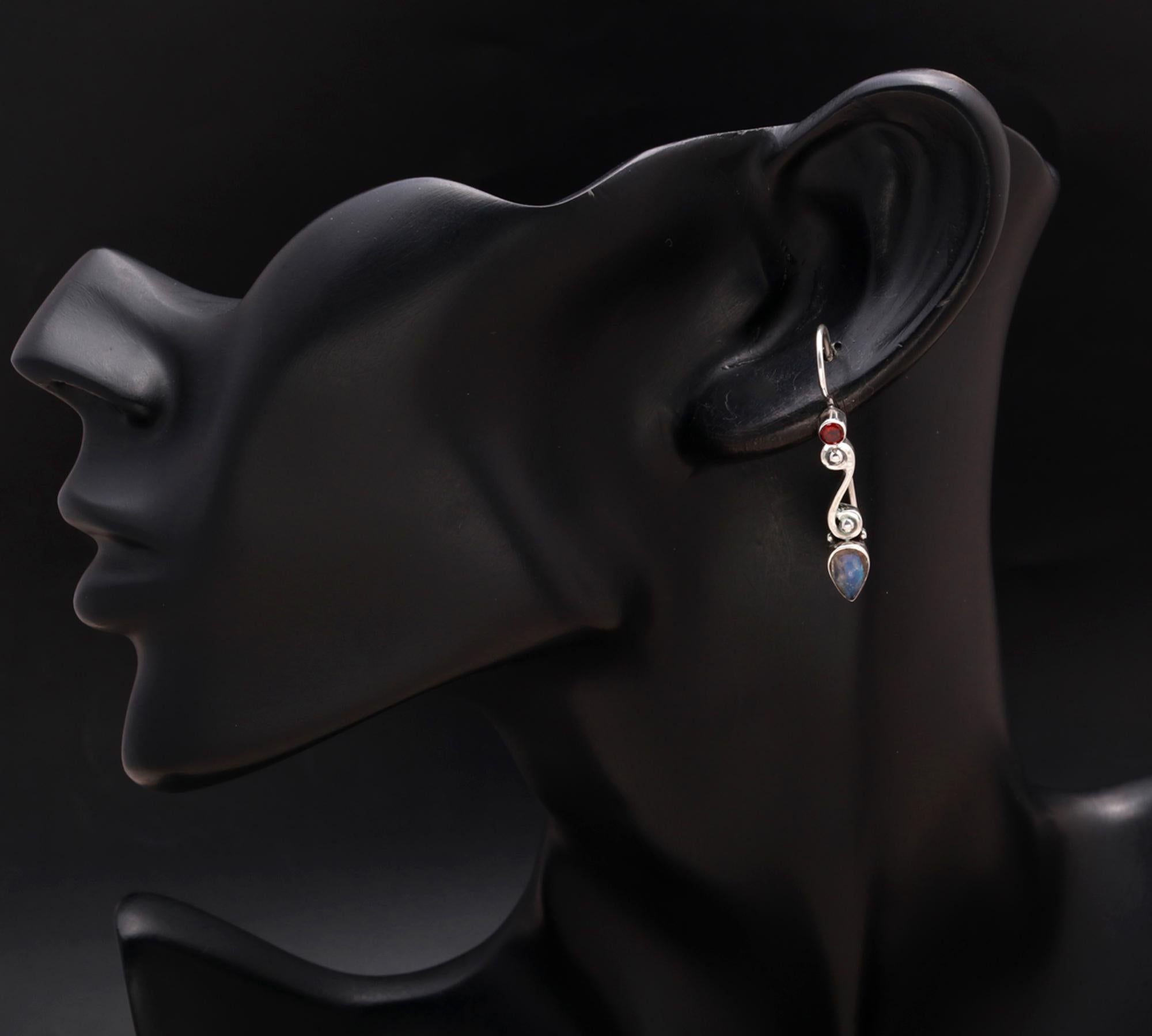 925 Silver Garnet & Moonstone Teardrop Dangle Earrings