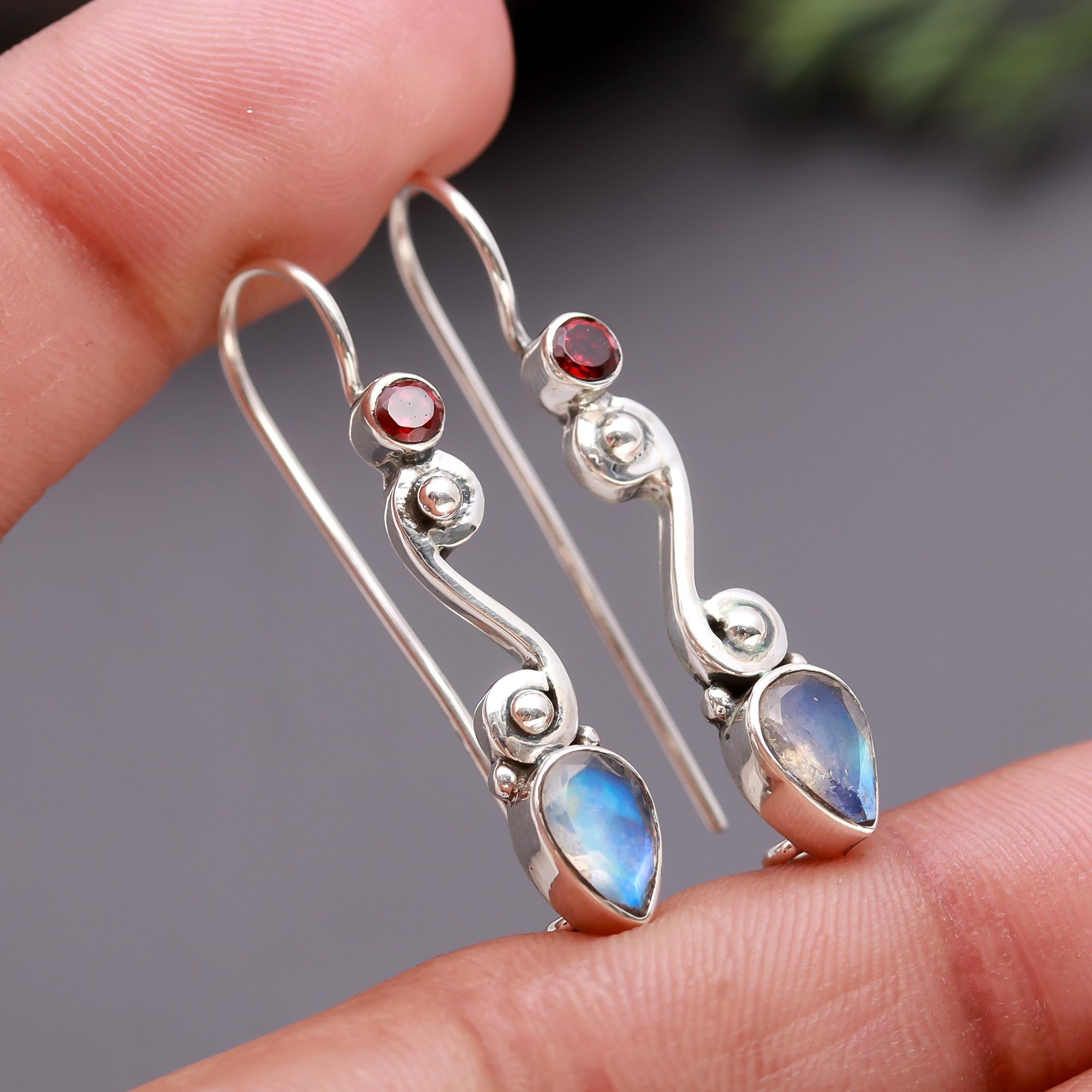 925 Silver Garnet & Moonstone Teardrop Dangle Earrings