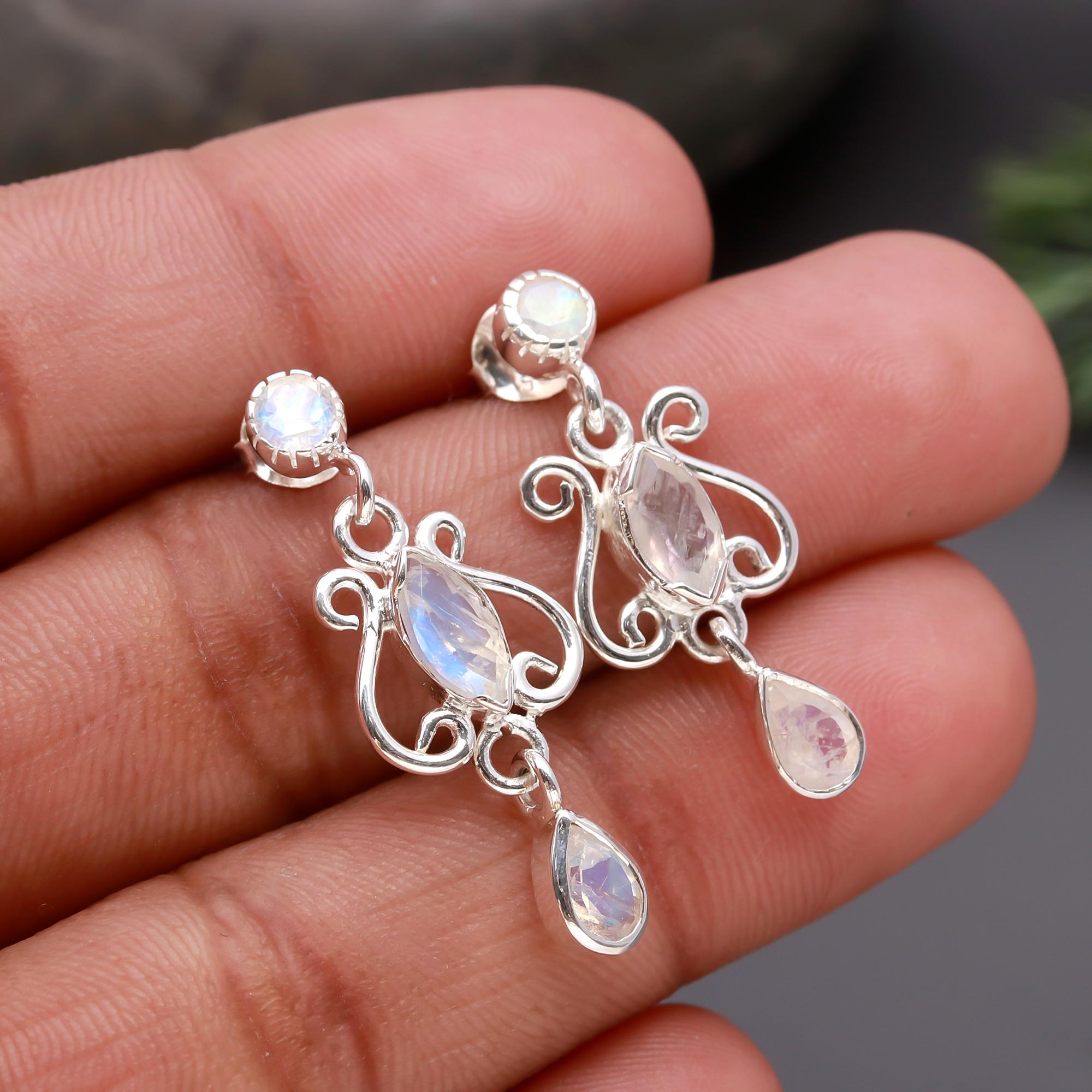 925 Silver Moonstone Filigree Drop Earrings