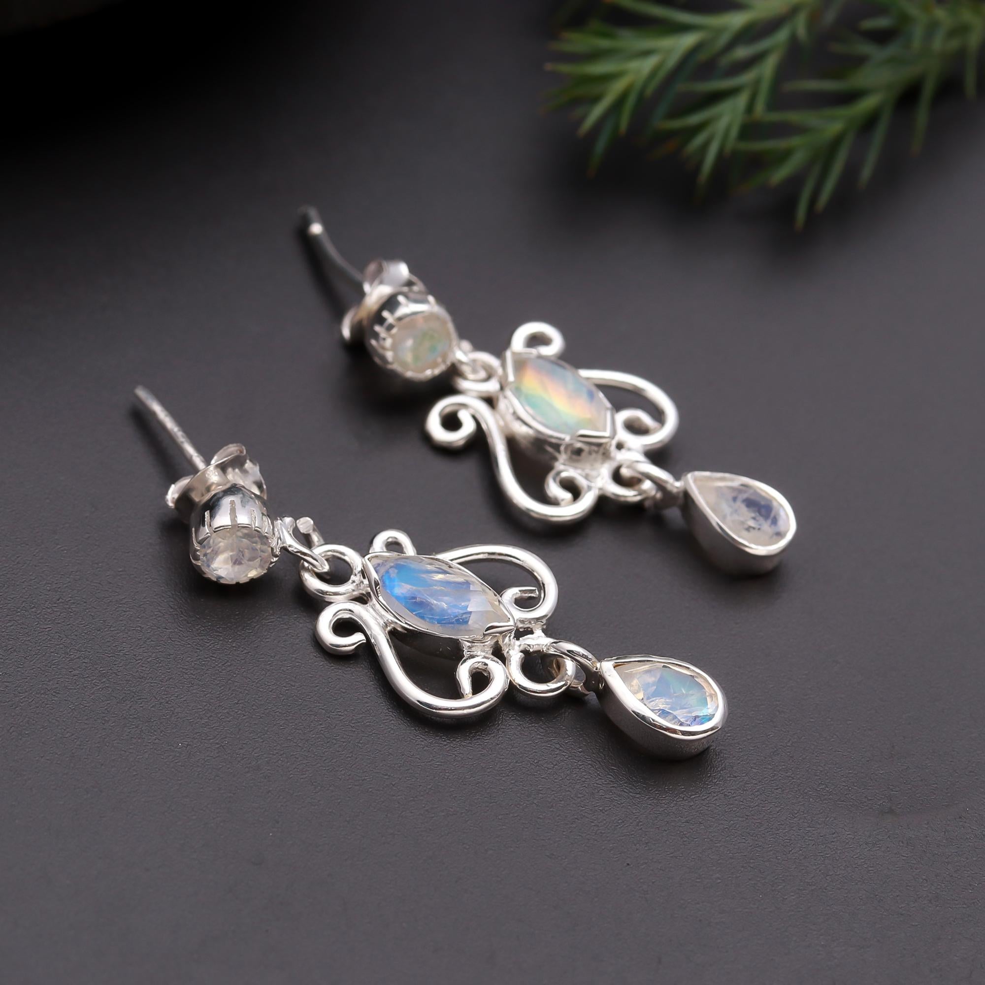 925 Silver Moonstone Filigree Drop Earrings
