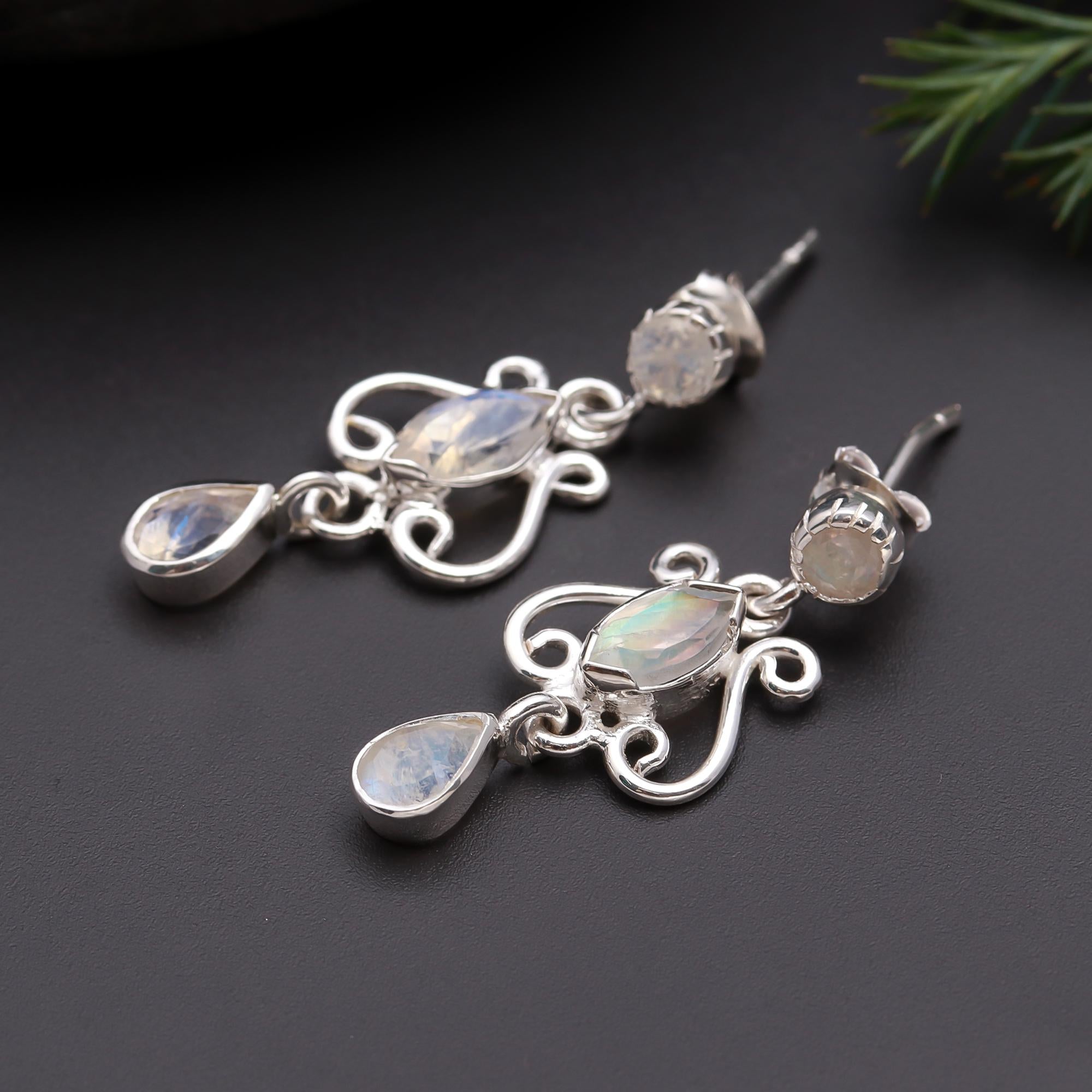 925 Silver Moonstone Filigree Drop Earrings