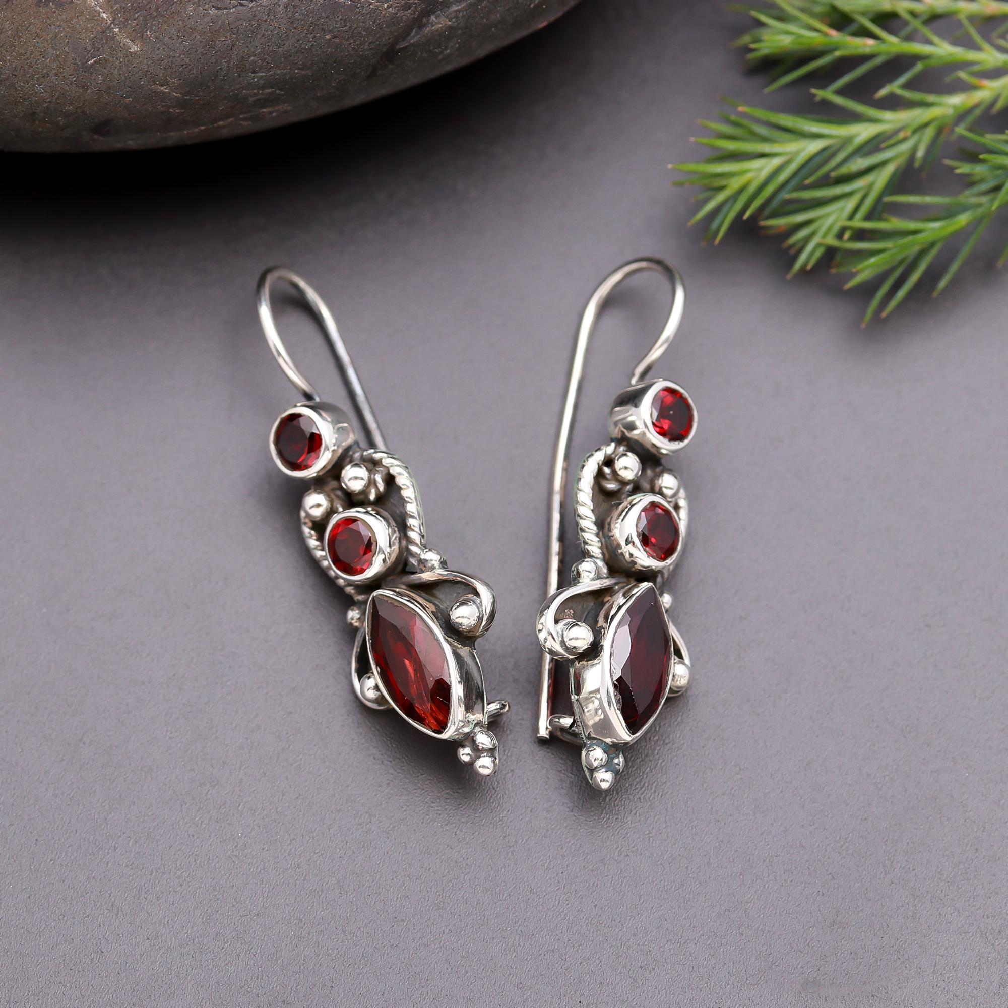 925 Silver Garnet Filigree Dangle Earrings