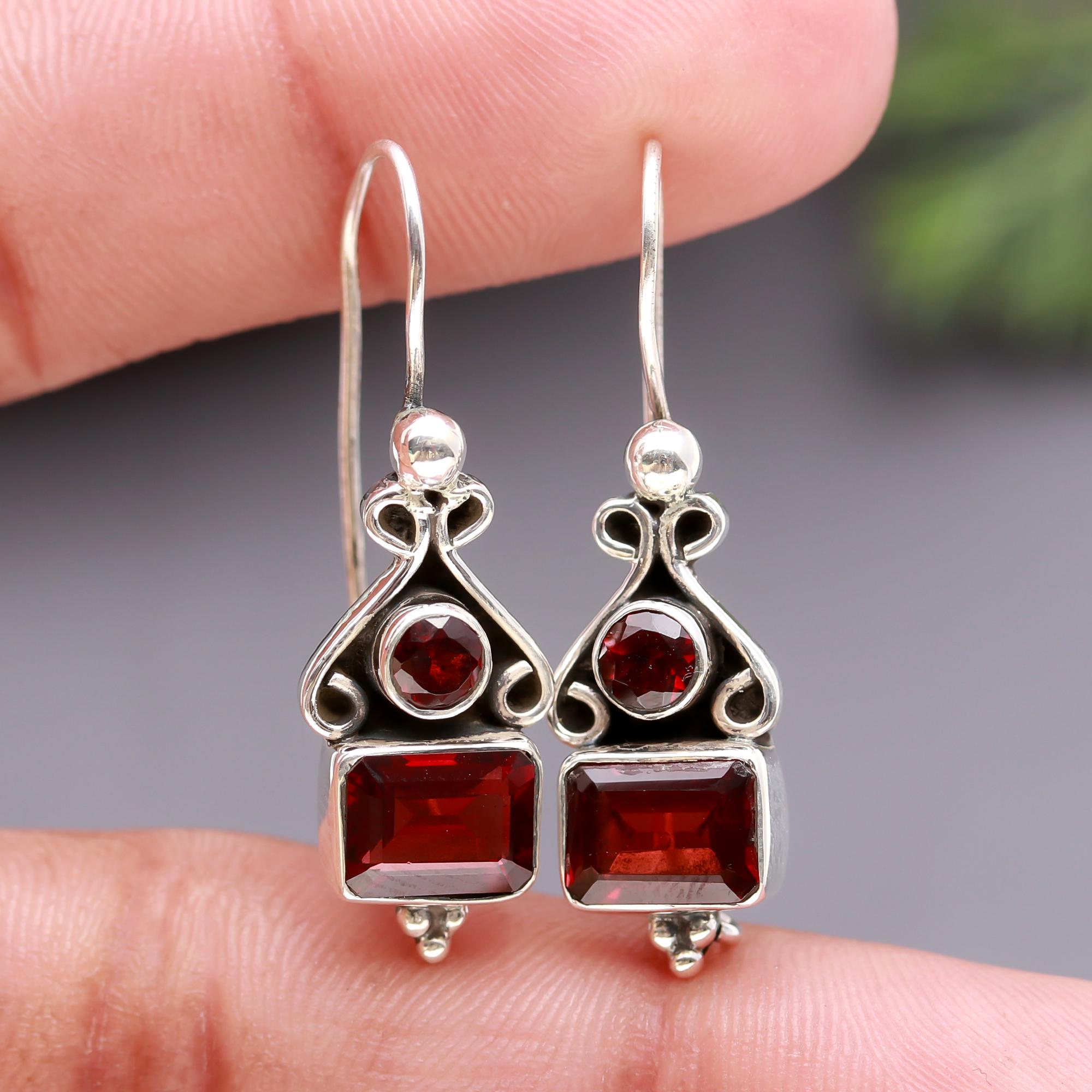 925 Silver Garnet Dangle Earrings