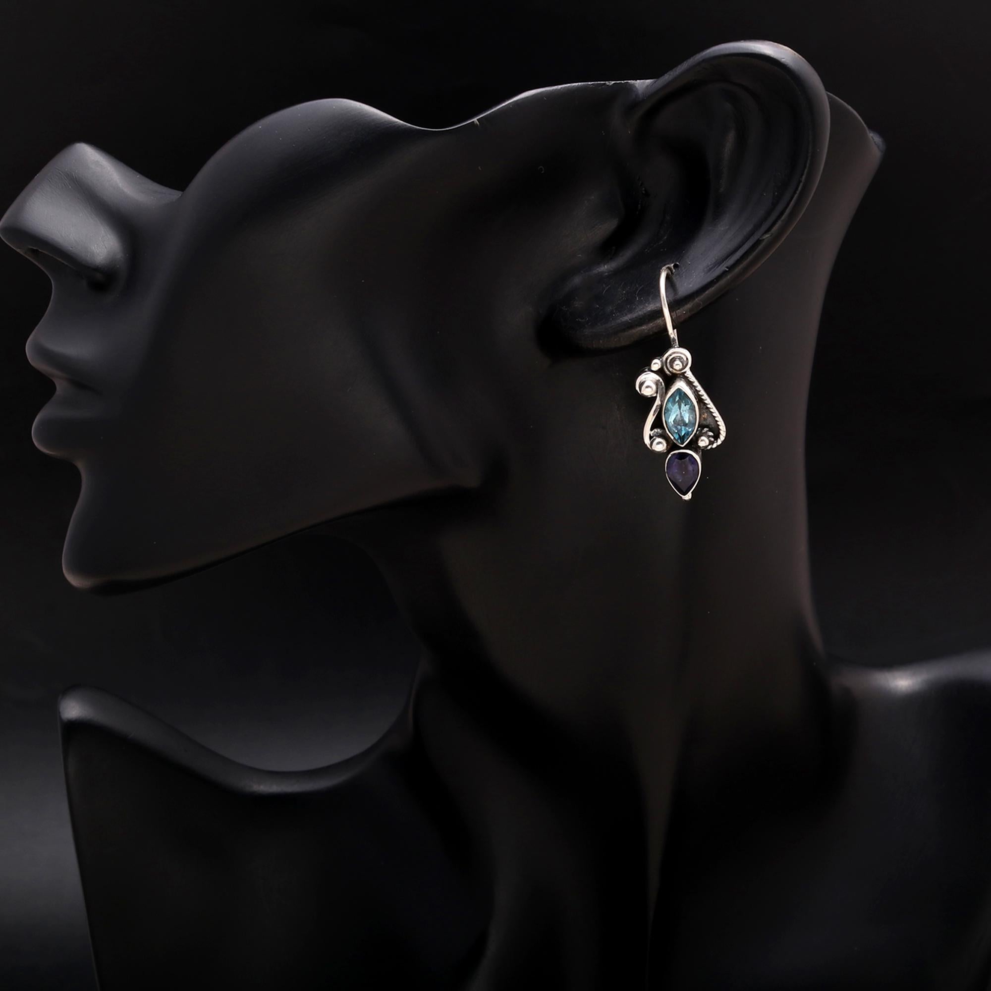 925 Silver Blue Topaz and Iolite Dangle Earrings