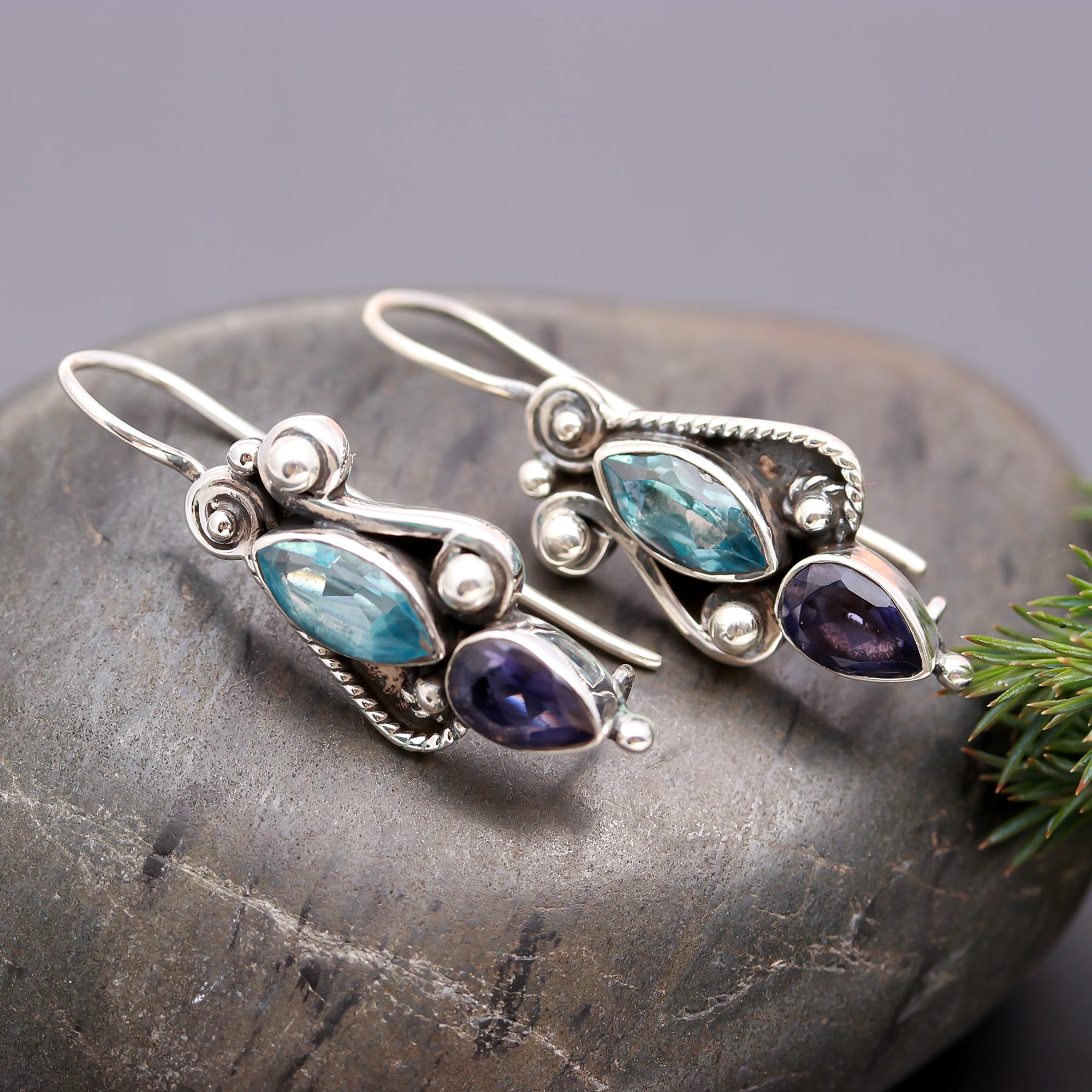 925 Silver Blue Topaz and Iolite Dangle Earrings