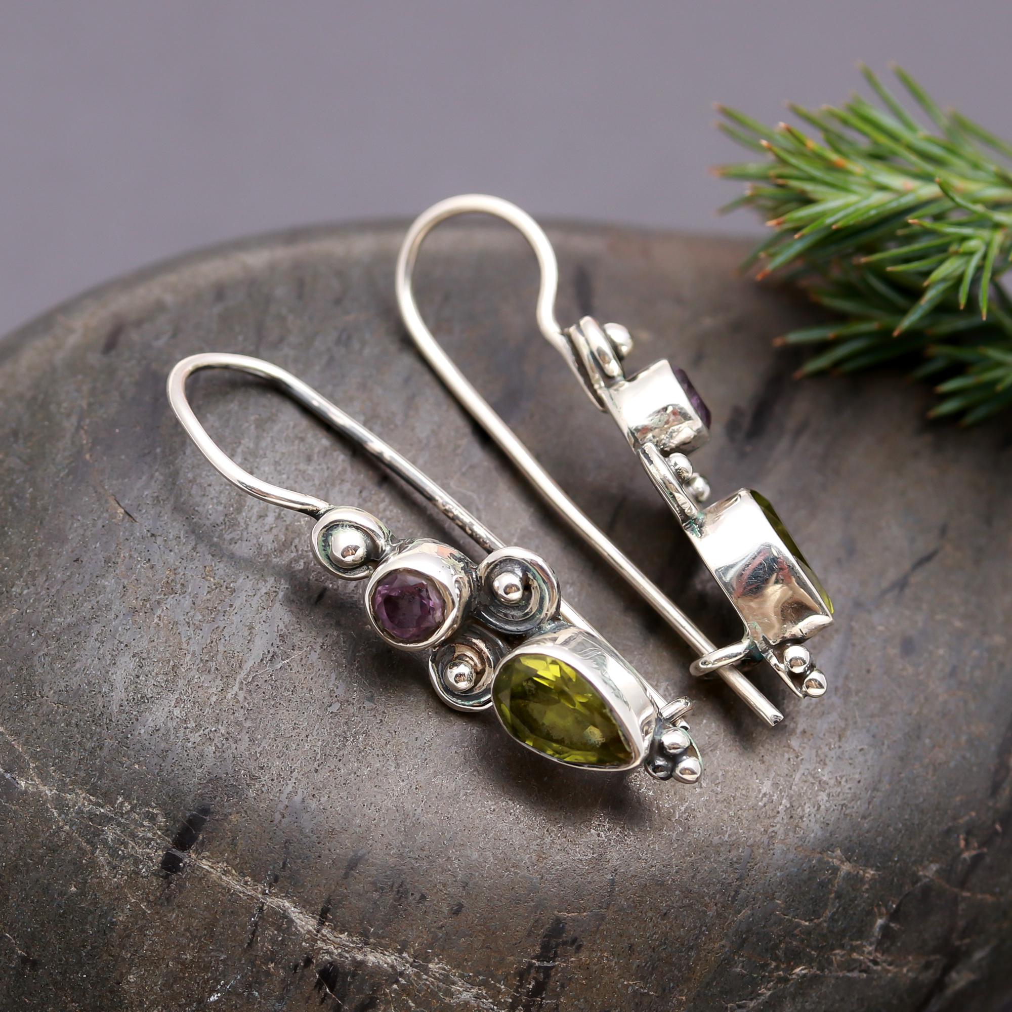 925 Silver Peridot and Amethyst Boho Dangle Earrings