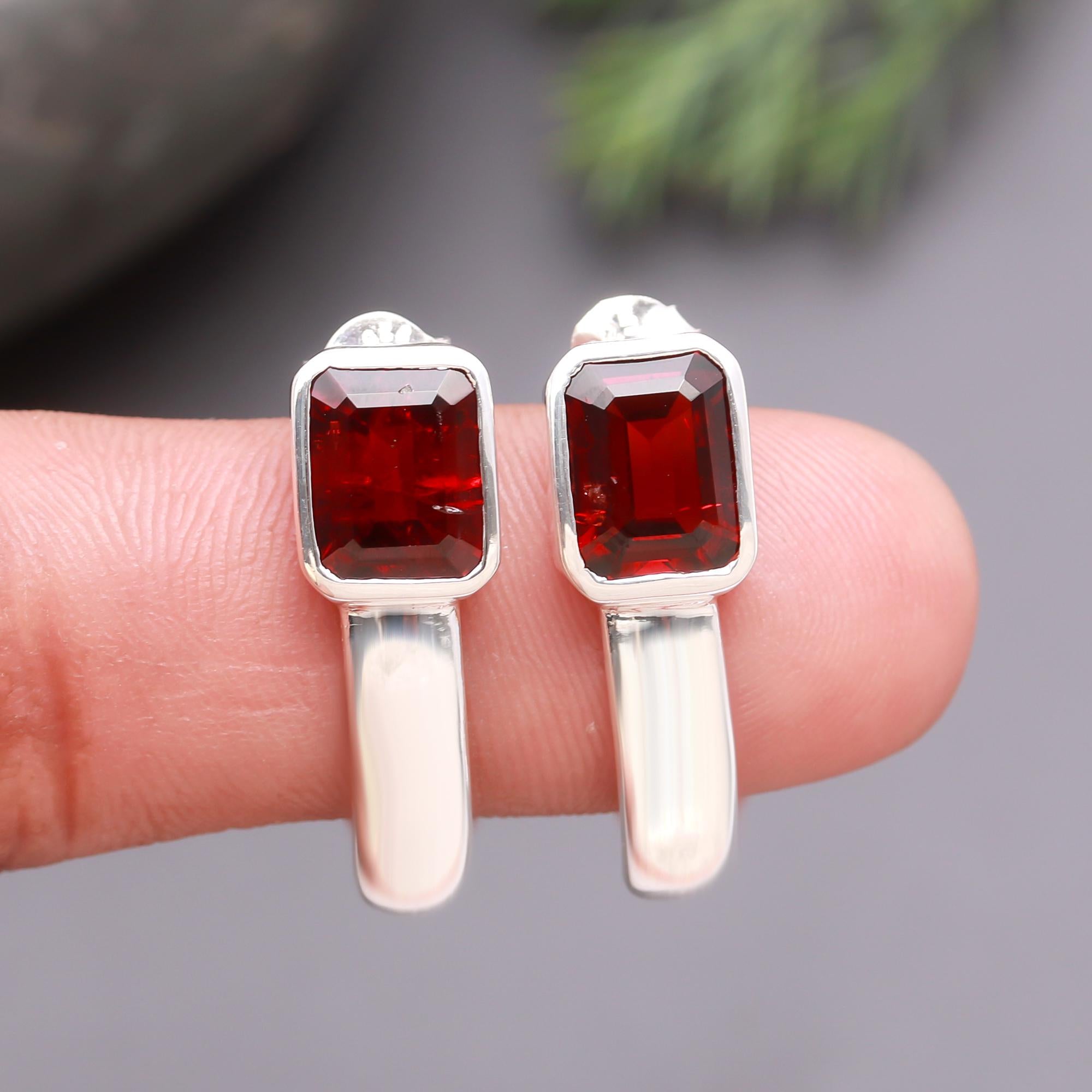925 Silver Emerald-Cut Garnet Stud Earrings