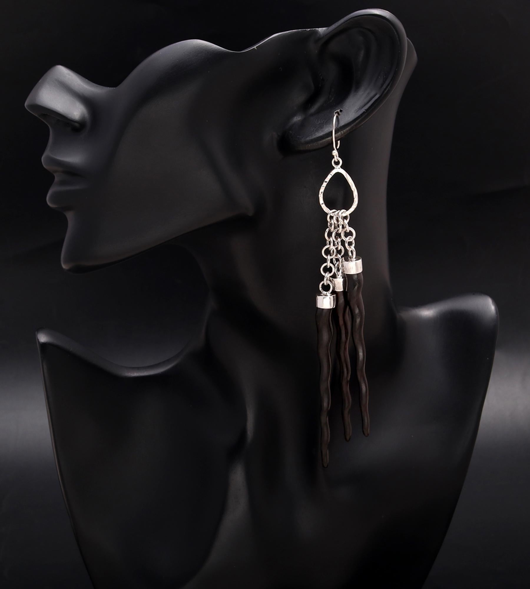 925 Silver Chains Long Black Wood Twists Dangle Earrings