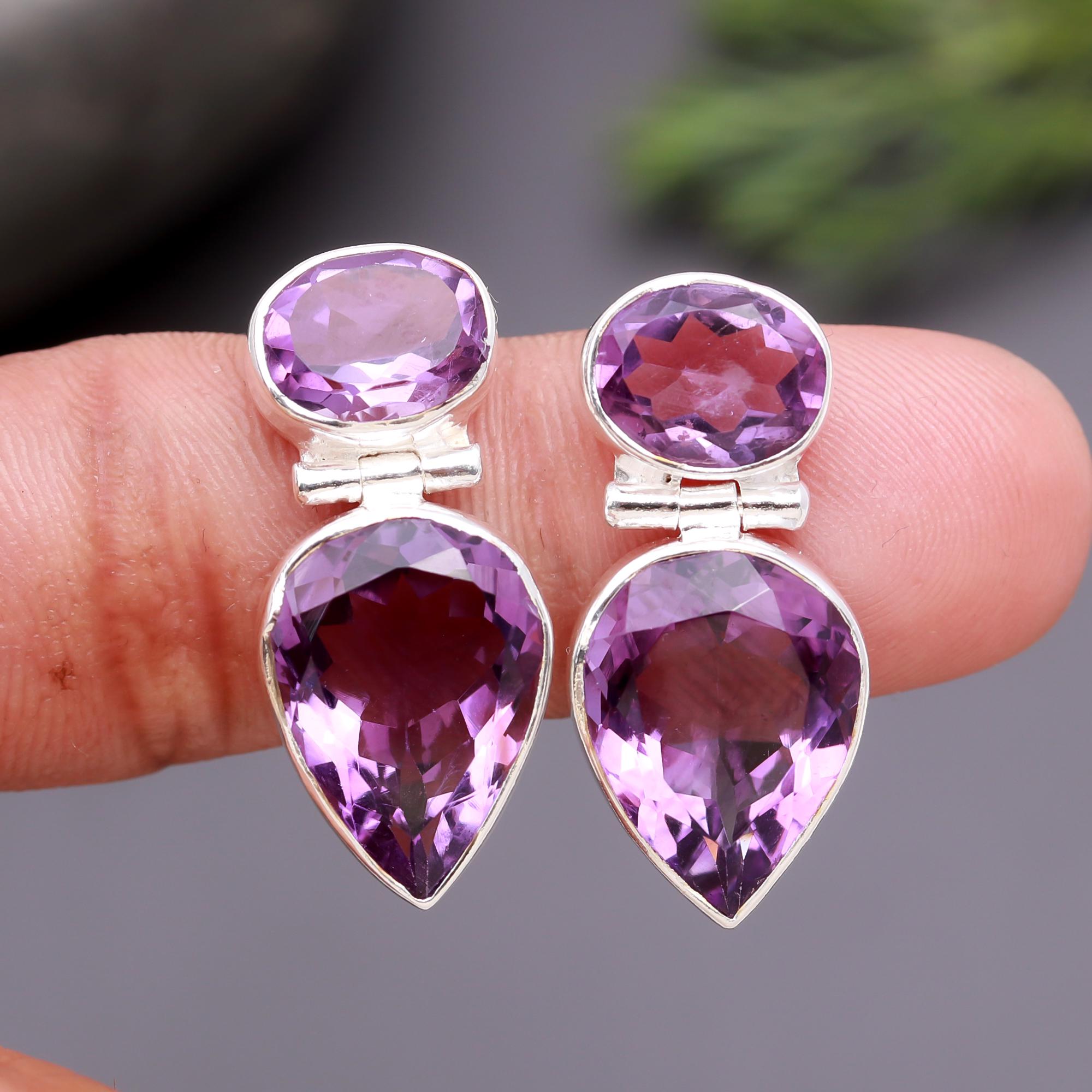 925 Silver Double Amethyst Drop Earrings