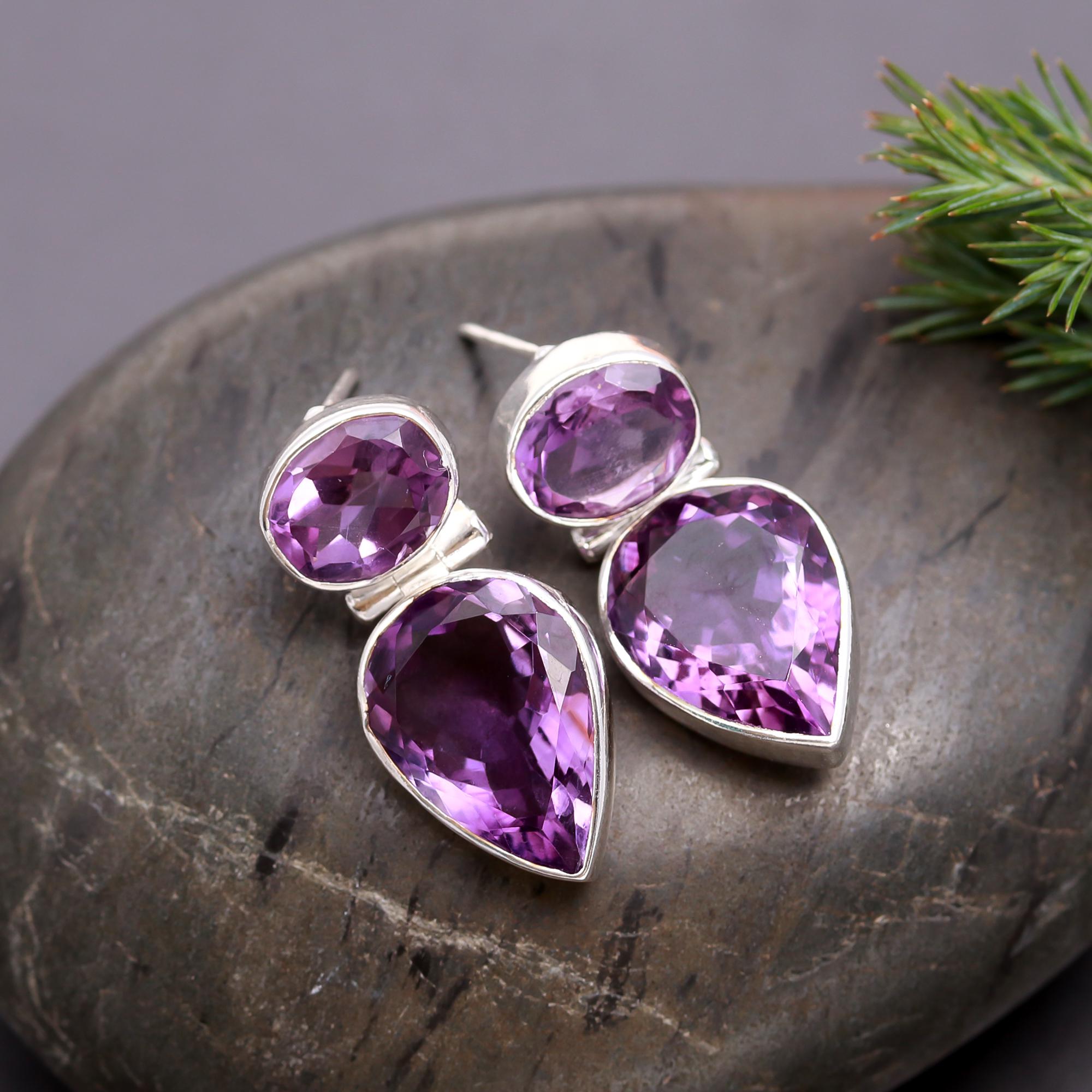 925 Silver Double Amethyst Drop Earrings