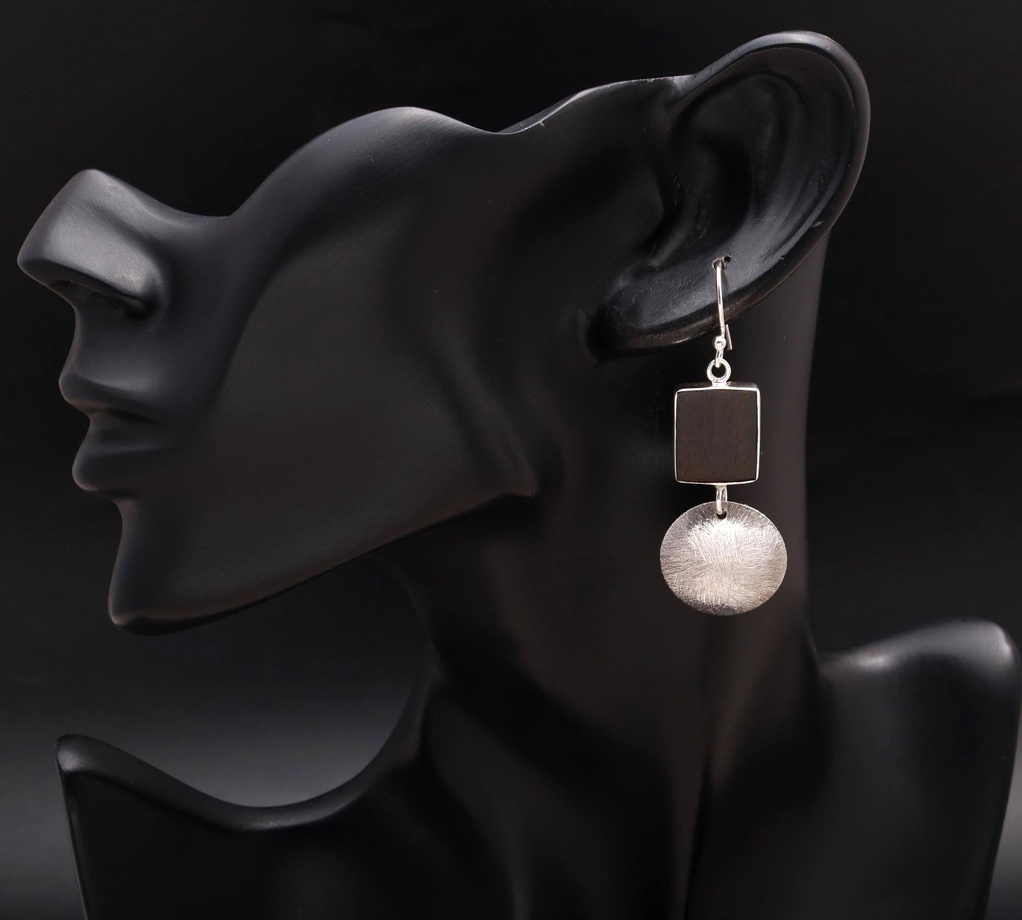 925 Silver Black Wood Textured Disc Dangle Earrings