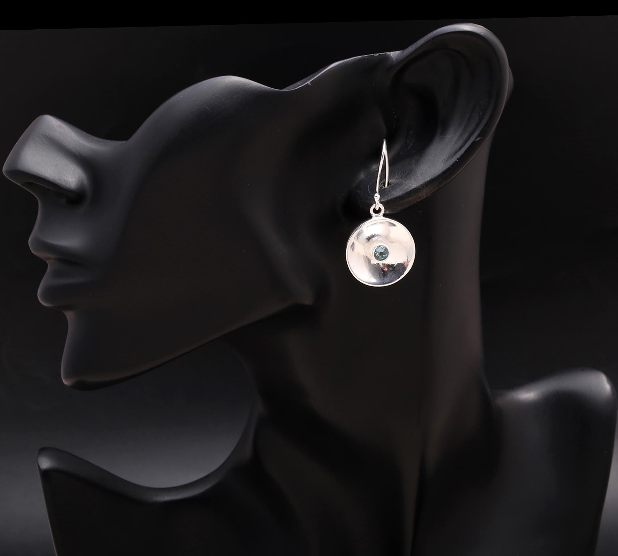 925 Silver Concave Disc Blue Topaz Dangle Earrings