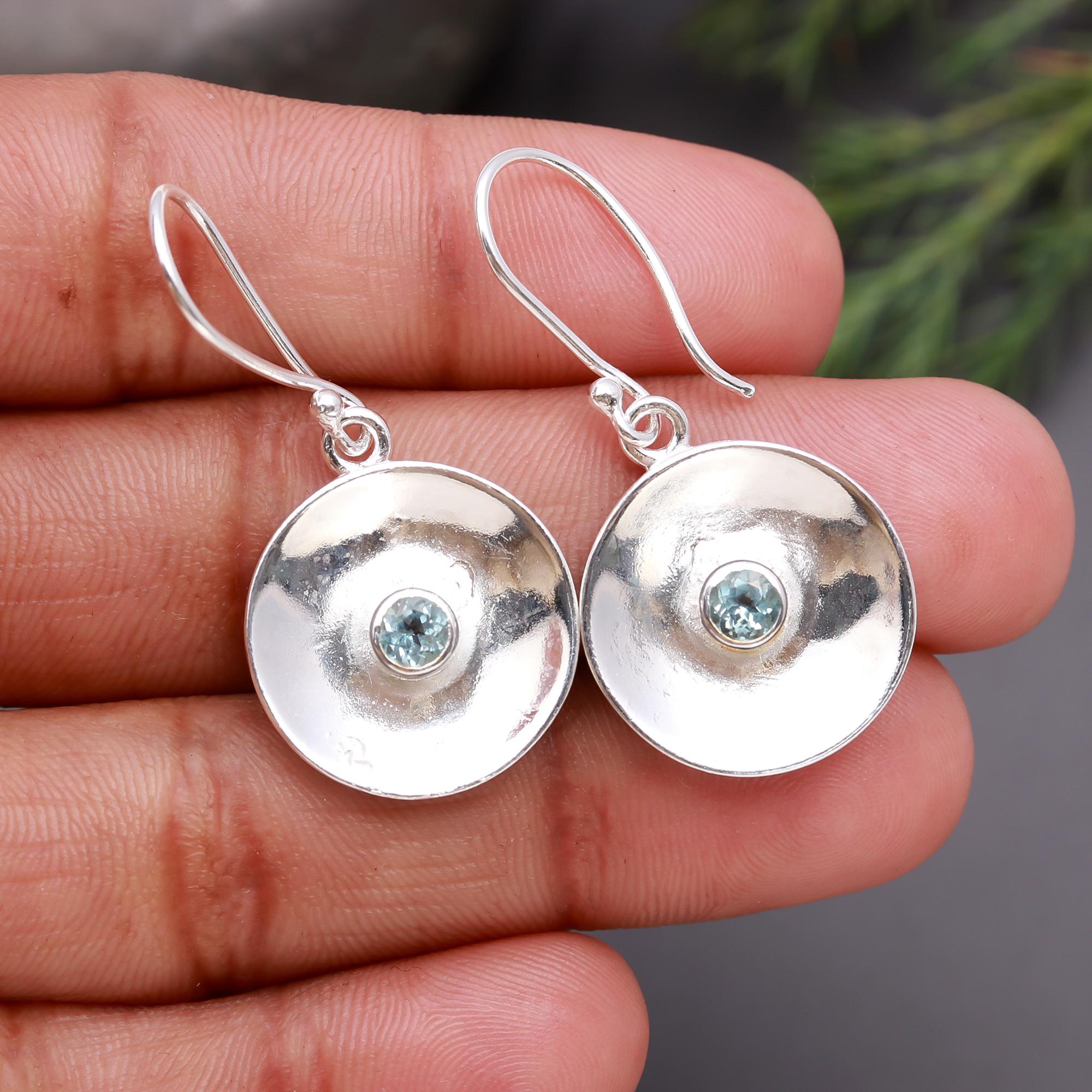 925 Silver Concave Disc Blue Topaz Dangle Earrings