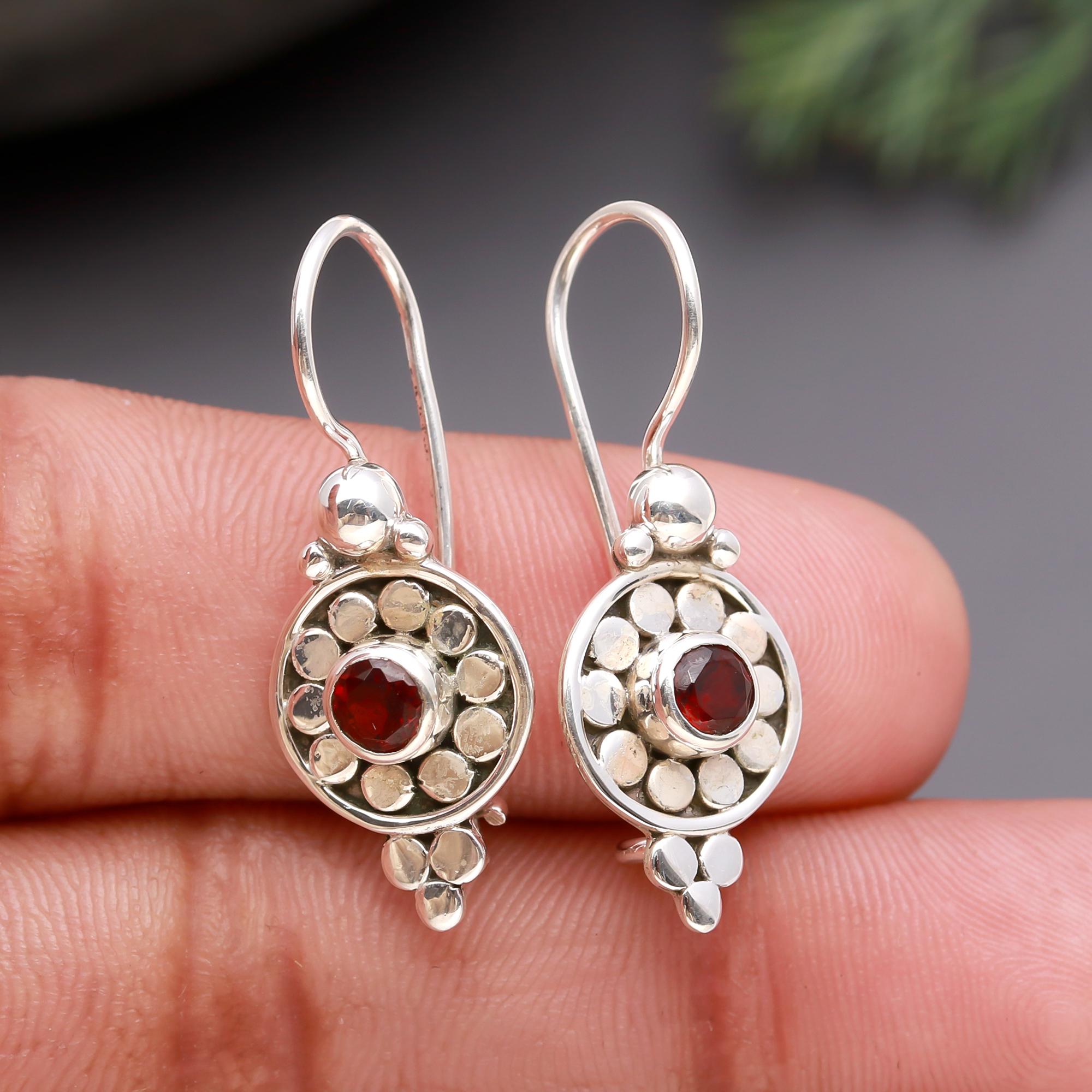 925 Silver Round Garnet Floral Drop Earrings